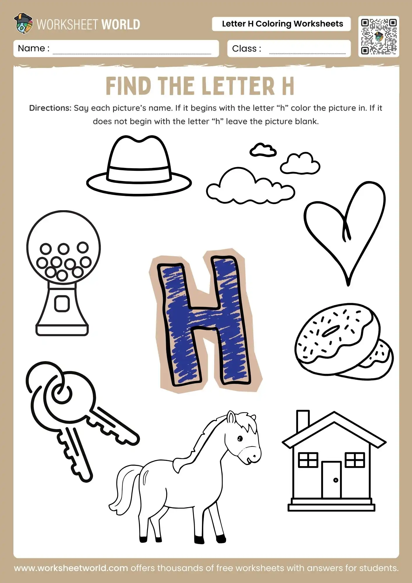 letter-h-coloring-worksheets-page-1 letter h coloring worksheets featuring a blue capital h surrounded by a hat horse and house