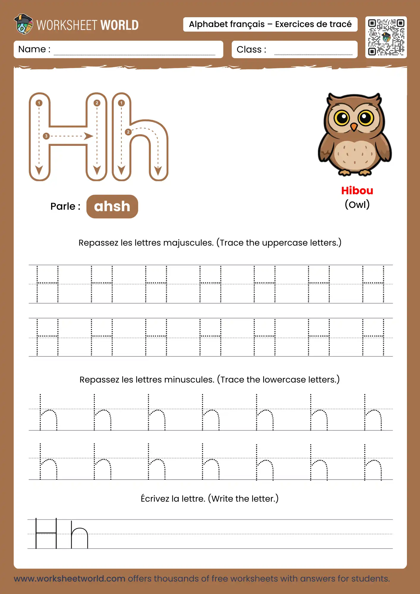 Letter H French Alphabet Tracing Worksheet with owl picture