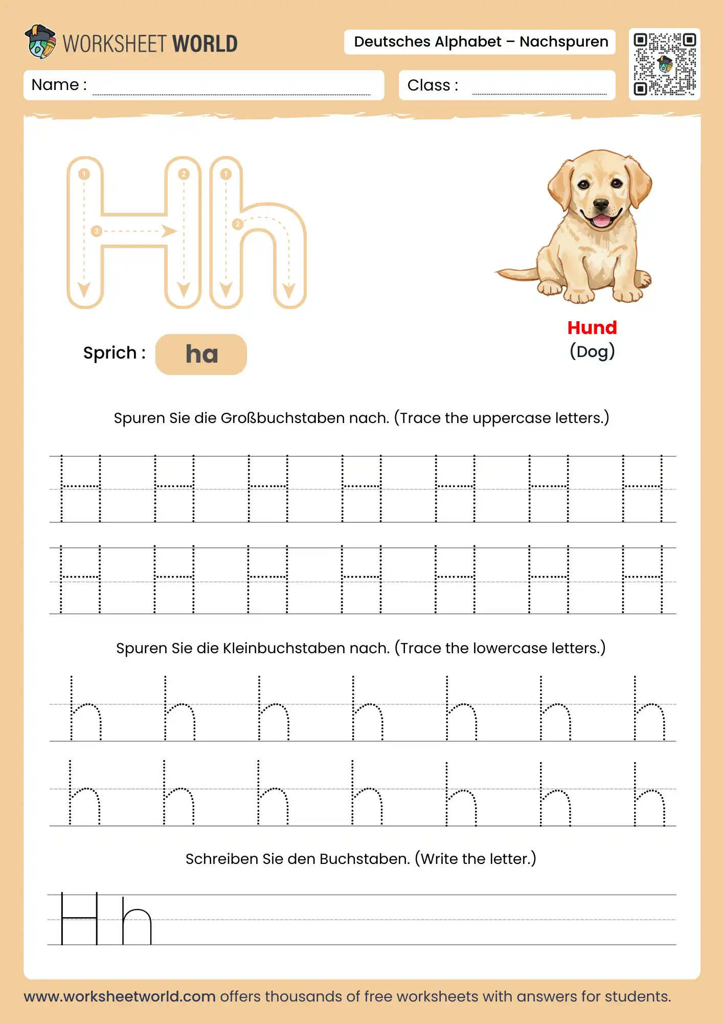 letter h german alphabet tracing worksheet with dog picture