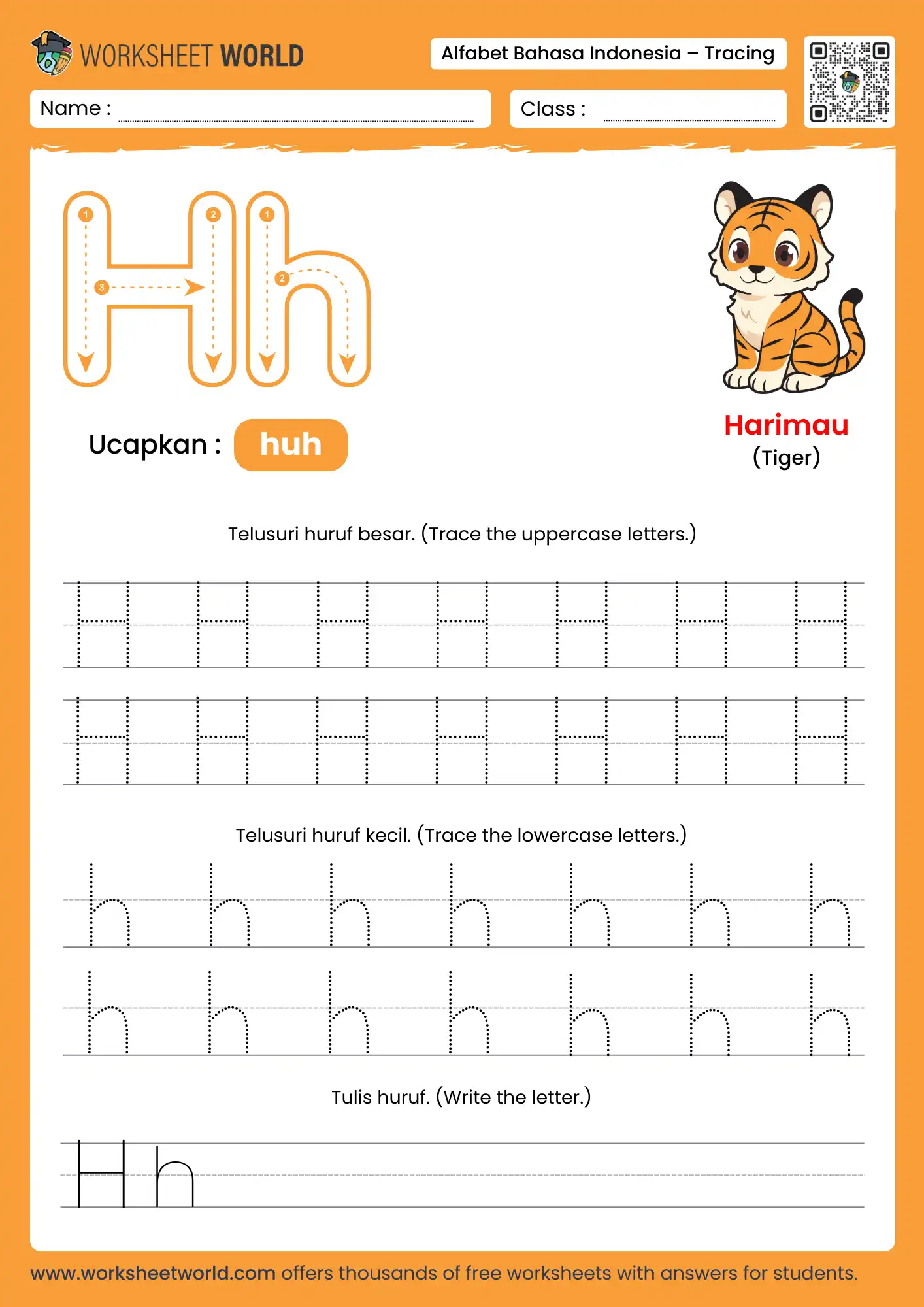 menebalkan abjad huruf h- letter h indonesian alphabet tracing worksheet with tiger picture