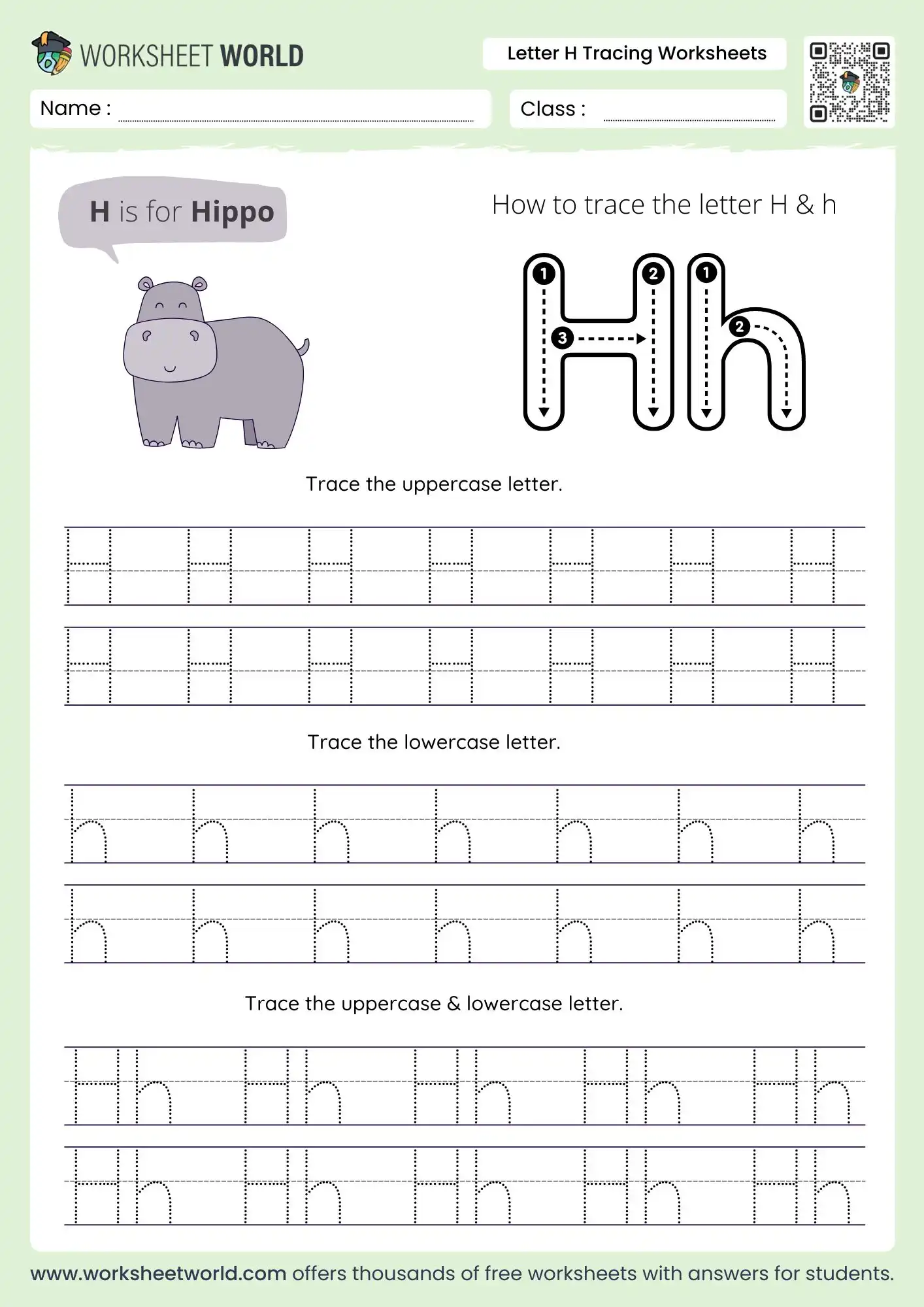 letter-h-tracing-worksheets-page-1 letter h tracing worksheets featuring a hippo illustration and stroke guides for kids