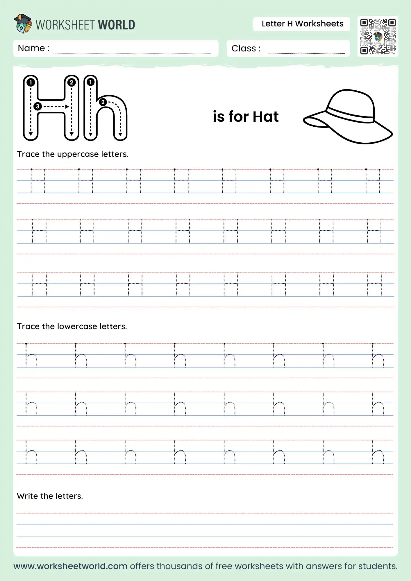 letter-h-worksheets-page-1 letter h worksheets featuring a sun hat illustration and tracing rows for preschool students