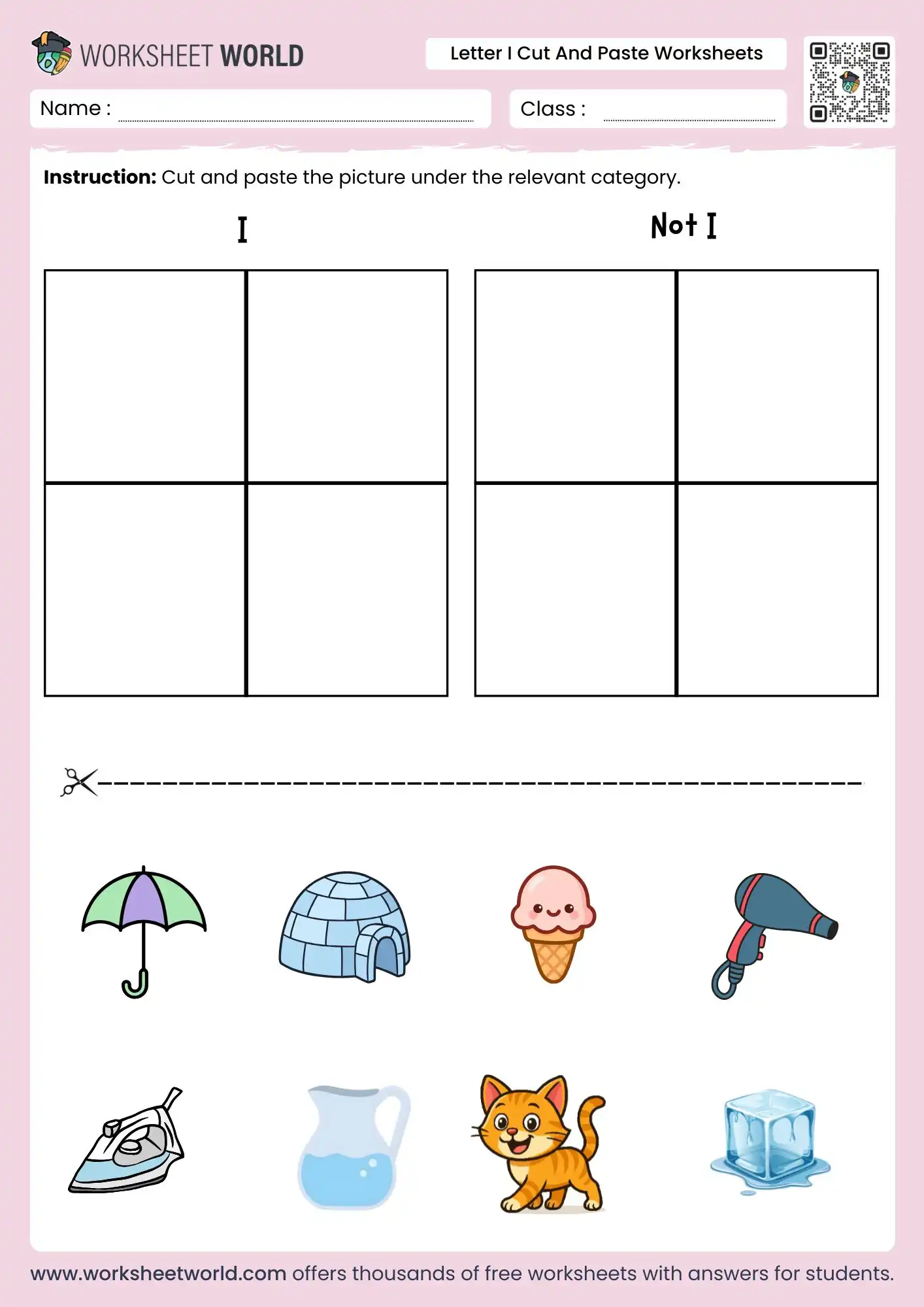 letter-i-cut-and-paste-worksheets-page-1 letter i cut and paste worksheets for sorting objects that start with I vs not starting with I