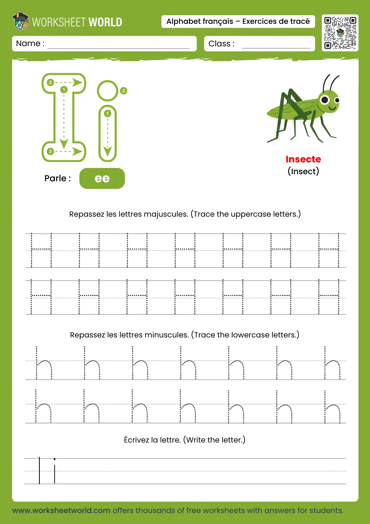 Letter I French Alphabet Tracing Worksheet with insect picture