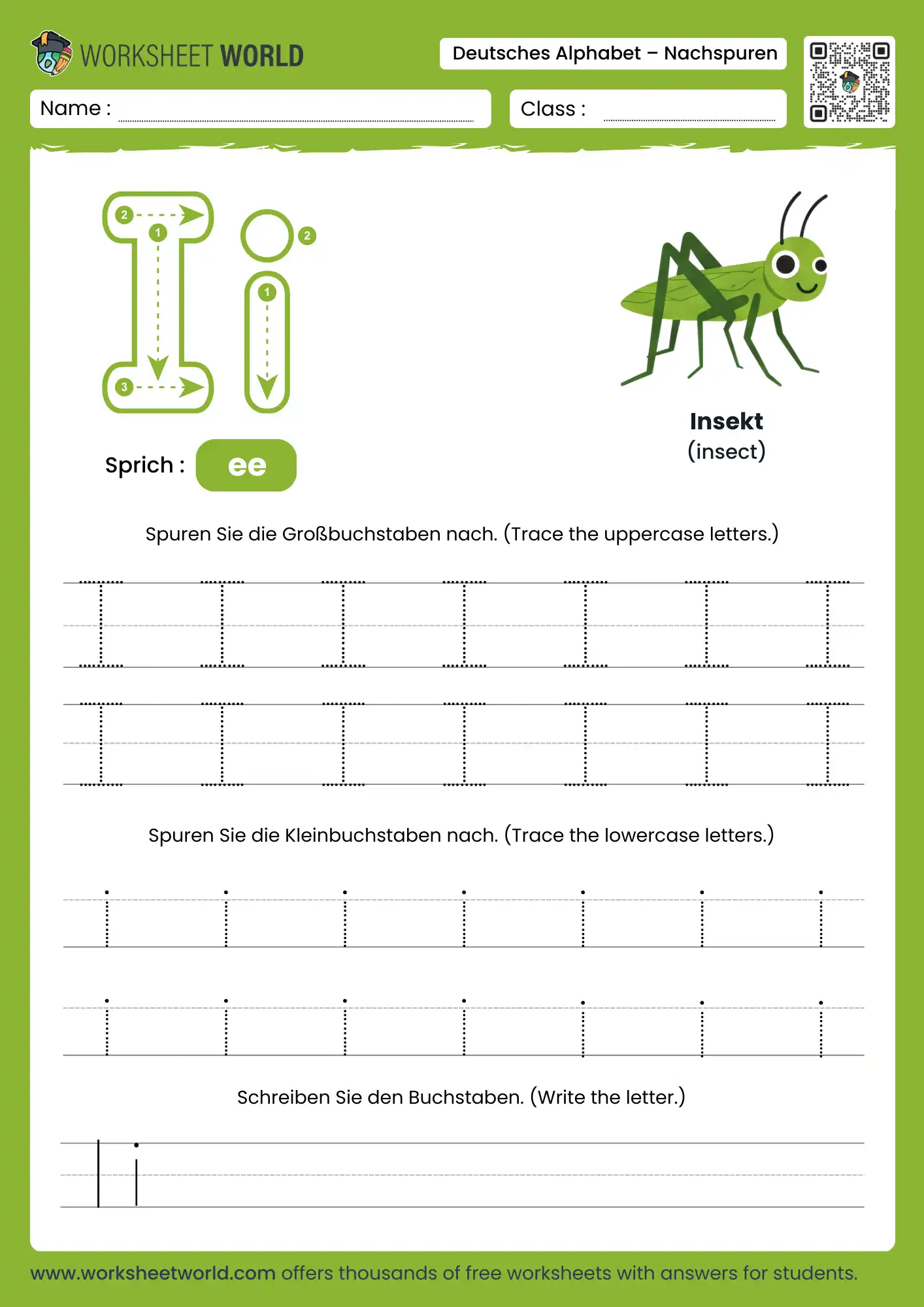 letter i german alphabet tracing worksheet with insect picture