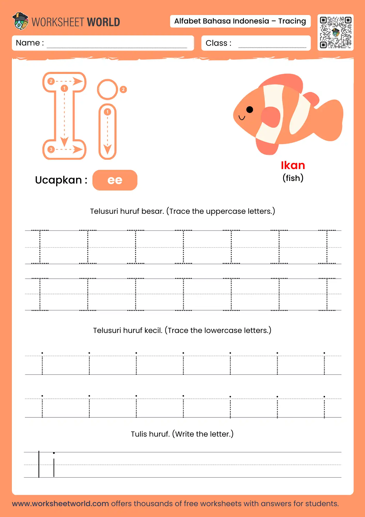 menebalkan abjad huruf i- letter i indonesian alphabet tracing worksheet with fish picture