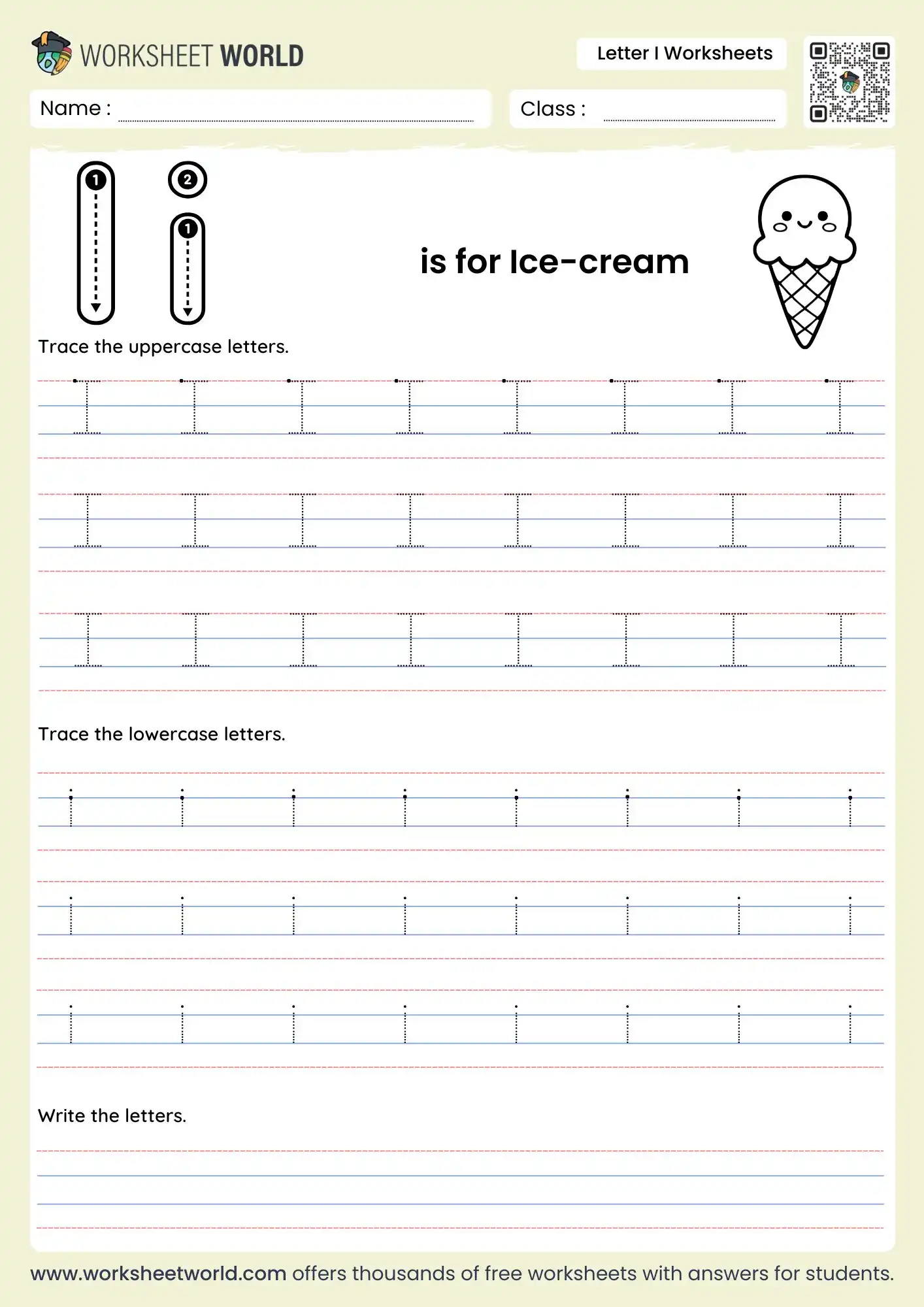 letter i tracing worksheets featuring an ice cream cone and multiple rows of dotted characters for kids