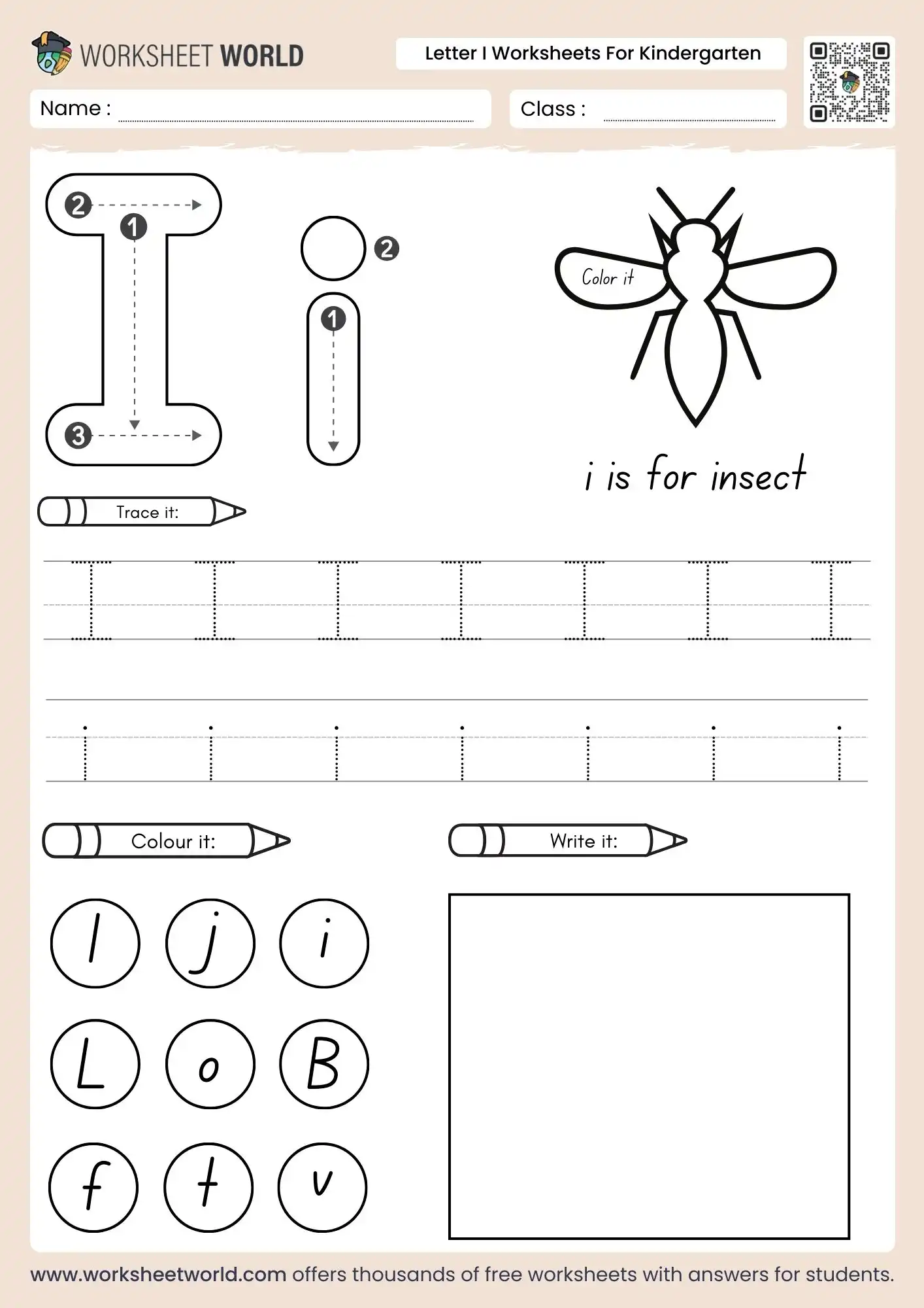 letter-i-worksheets-for-kindergarten-page-1 letter i worksheets for kindergarten featuring an insect illustration with tracing and letter identification circles