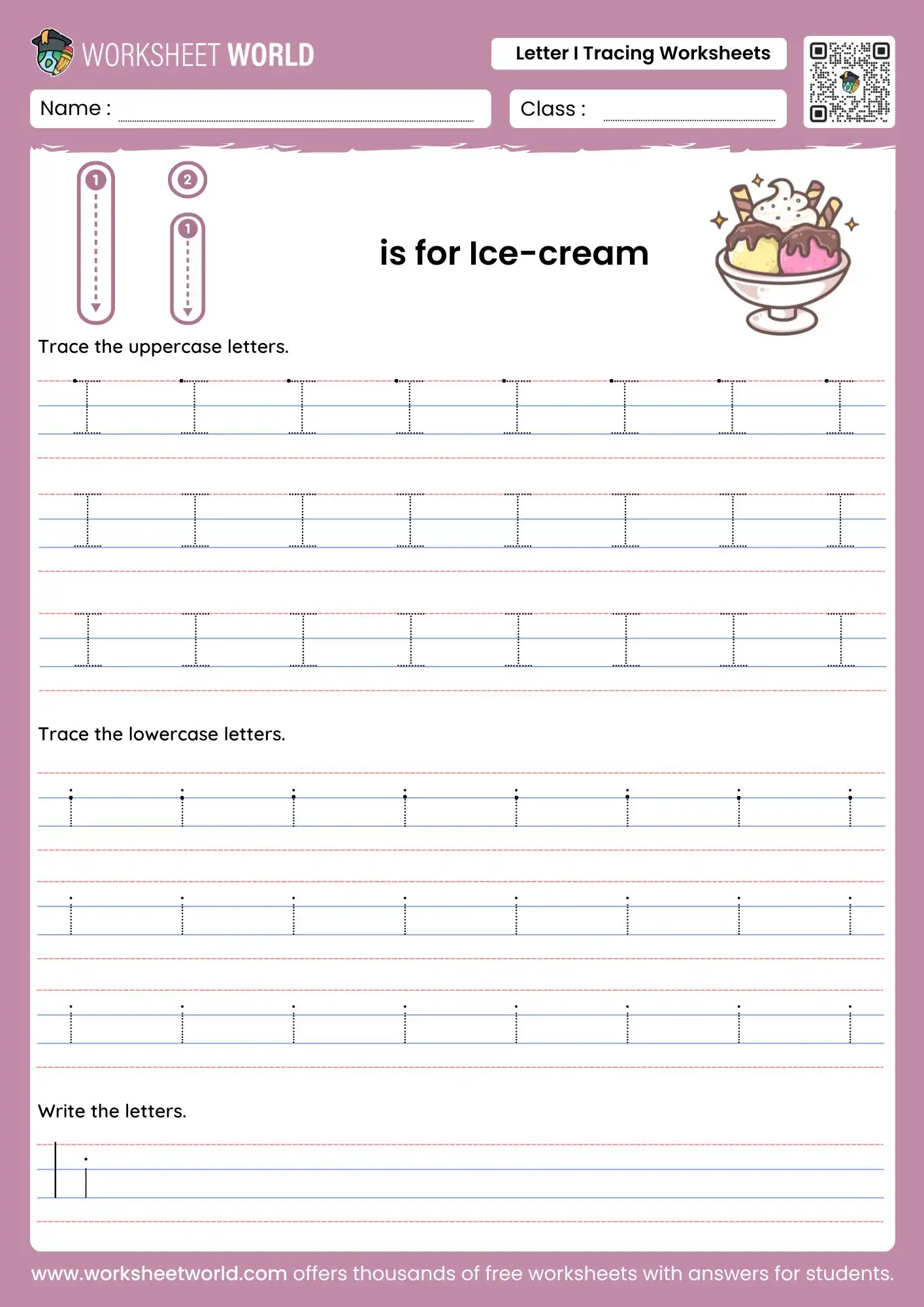 letter i worksheets featuring an ice cream sundae and tracing rows for preschool students