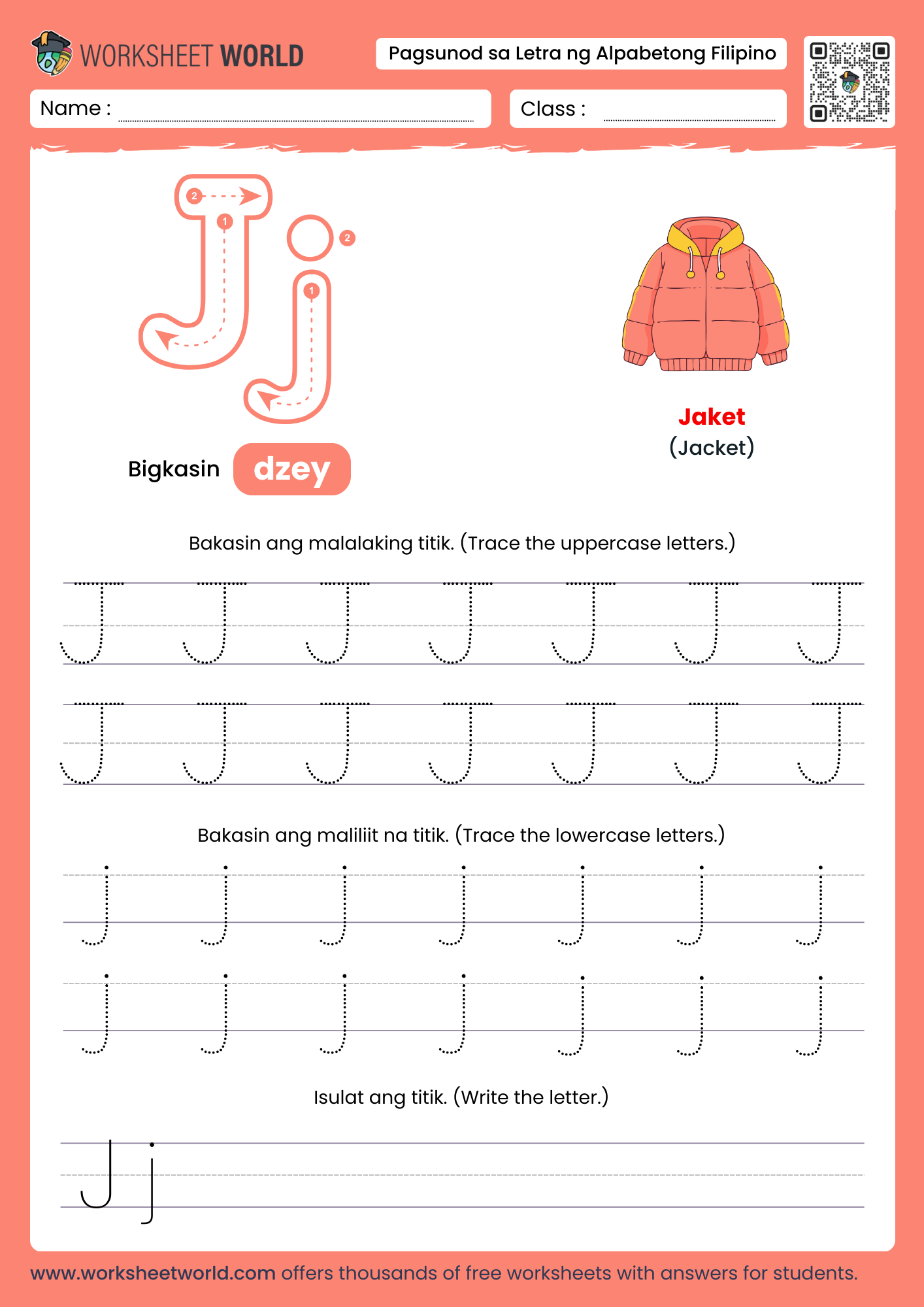 pagbakas ng titik j- letter j filipino alphabet tracing worksheet with jeep picture