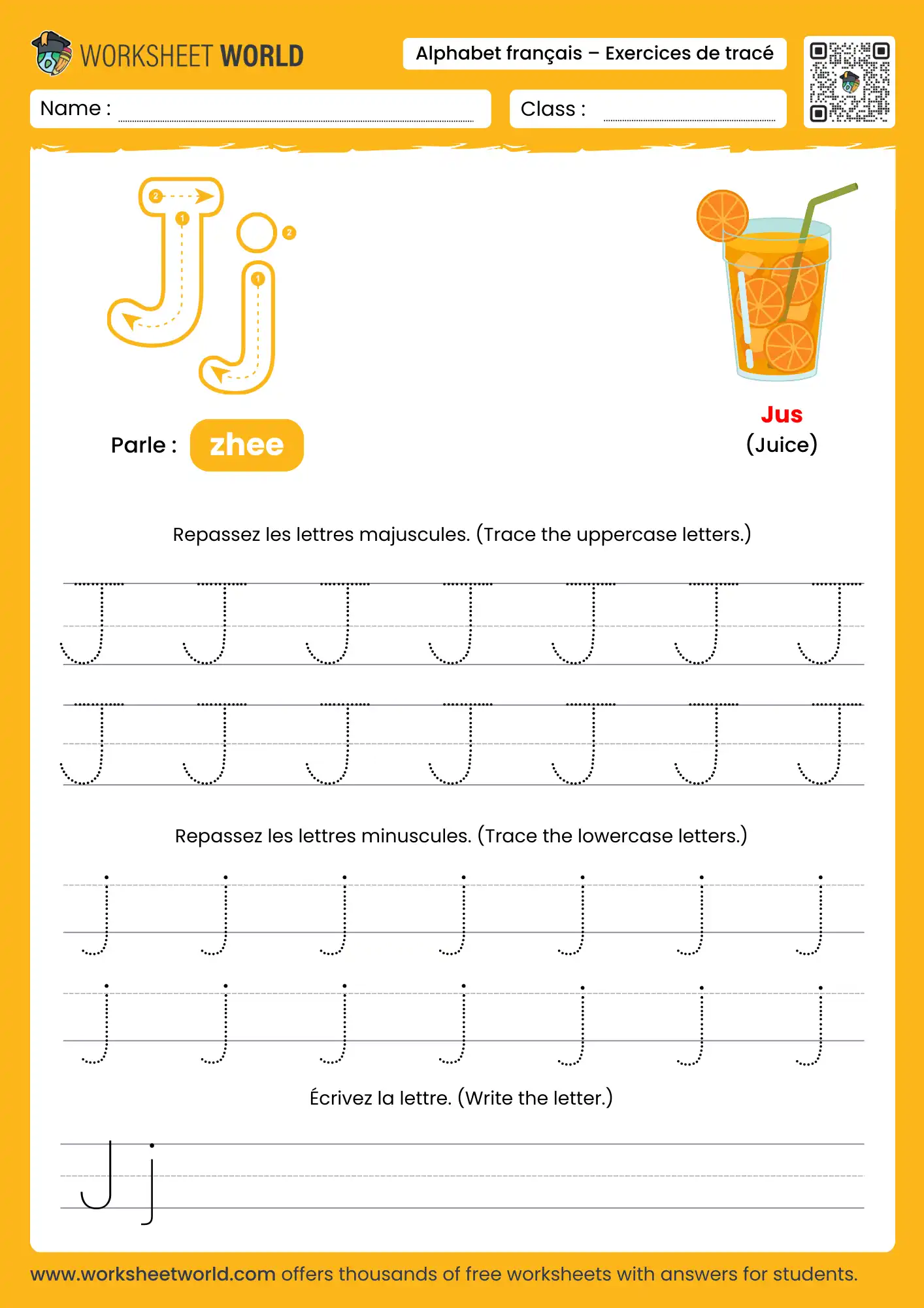 Letter J French Alphabet Tracing Worksheet with juice picture