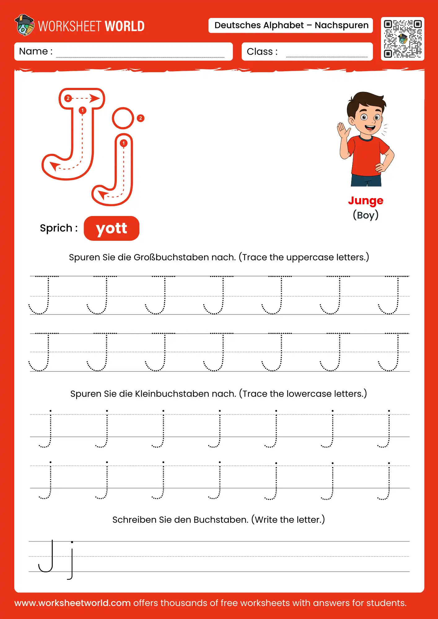 letter j german alphabet tracing worksheet with boy picture