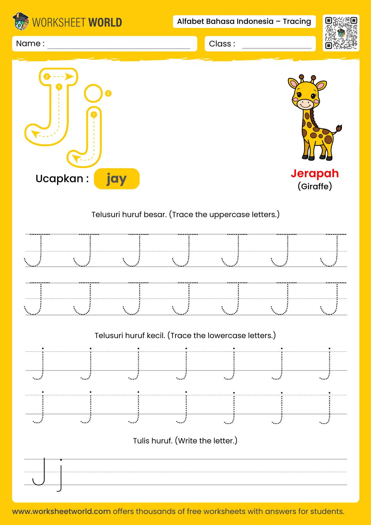menebalkan abjad huruf j- letter j indonesian alphabet tracing worksheet with giraffe picture
