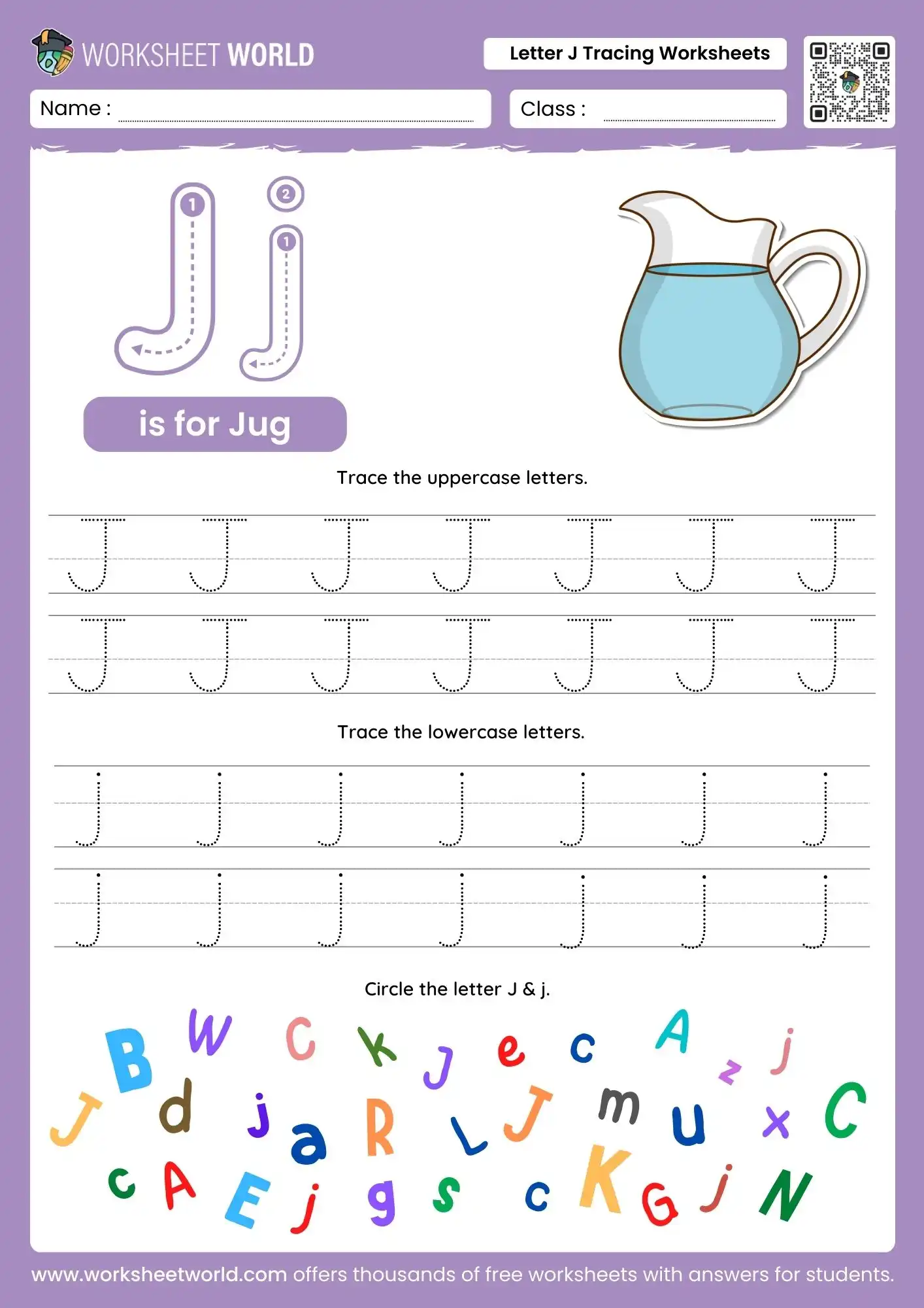 letter-j-tracing-worksheets-page-1 letter j tracing worksheets featuring a water jug illustration and colorful letter search grid for kids