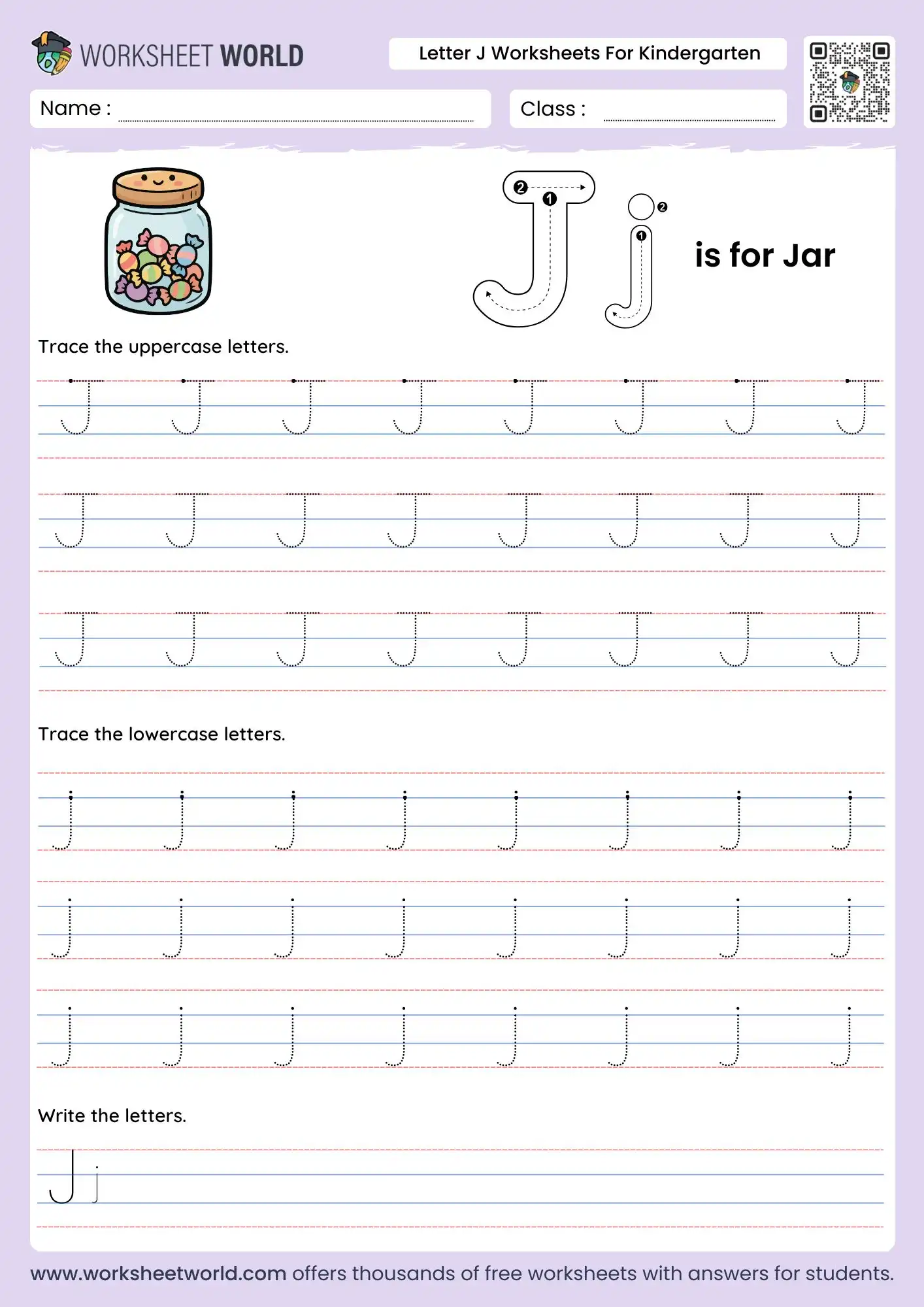 letter-j-worksheets-for-kindergarten-page-1 letter j worksheets for kindergarten featuring a candy jar and multiple rows of dotted tracing lines