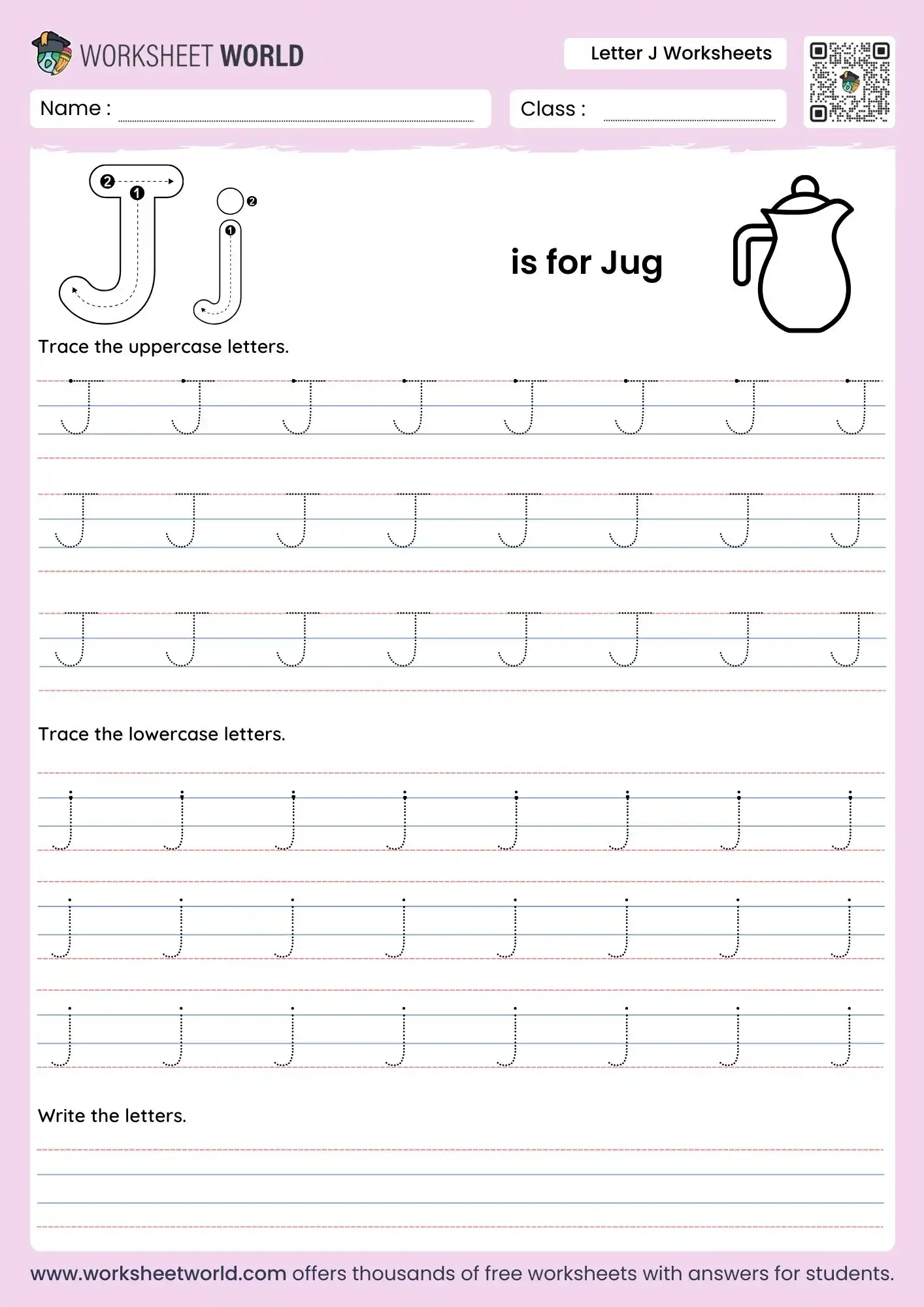 letter j worksheets featuring a jug illustration and multiple rows of dotted tracing guides