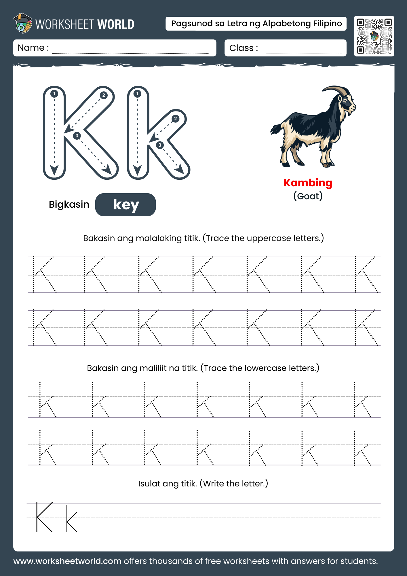 pagbakas ng titik k- letter k filipino alphabet tracing worksheet with goat picture
