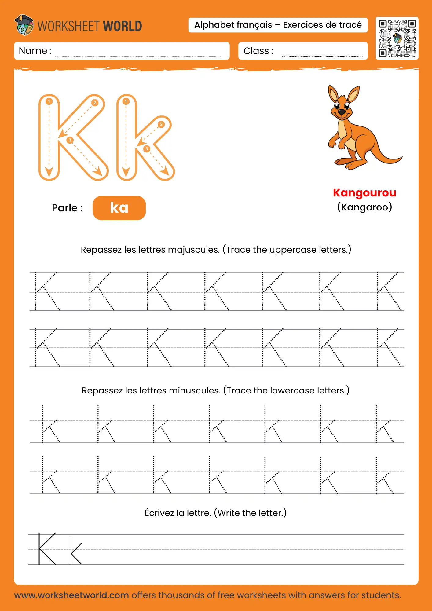 Letter K French Alphabet Tracing Worksheet with kangaroo picture