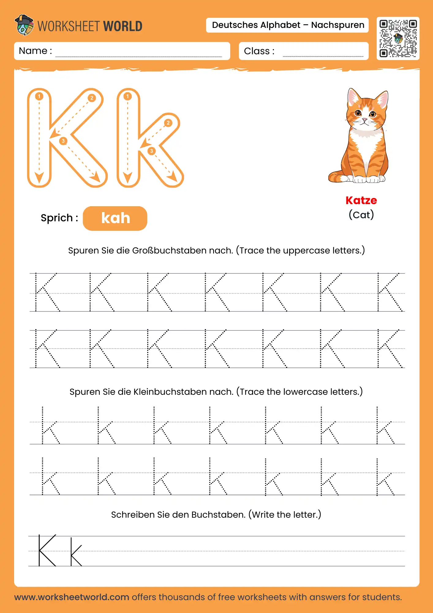 letter k german alphabet tracing worksheet with cat picture