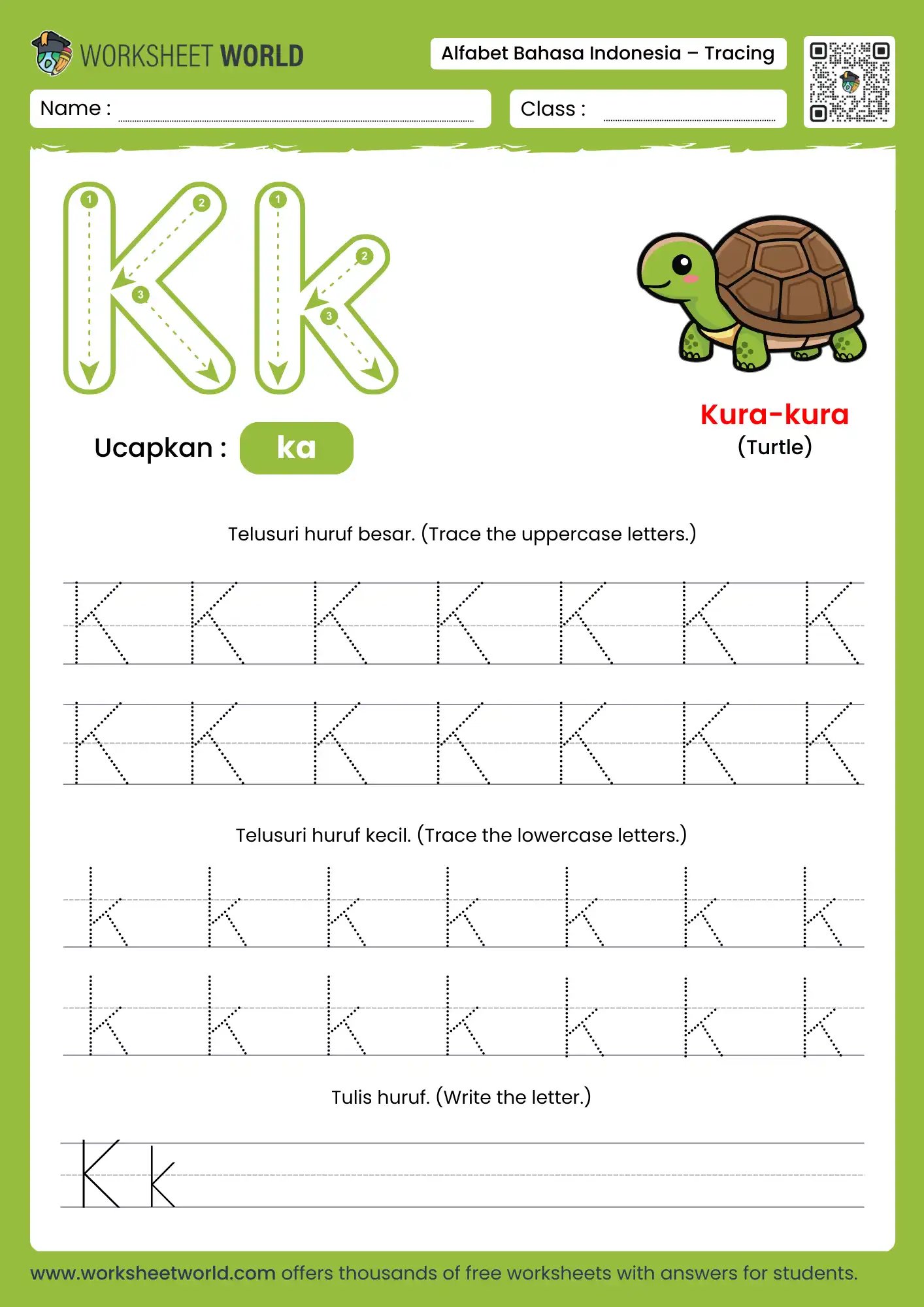 menebalkan abjad huruf k- letter k indonesian alphabet tracing worksheet with cat picture