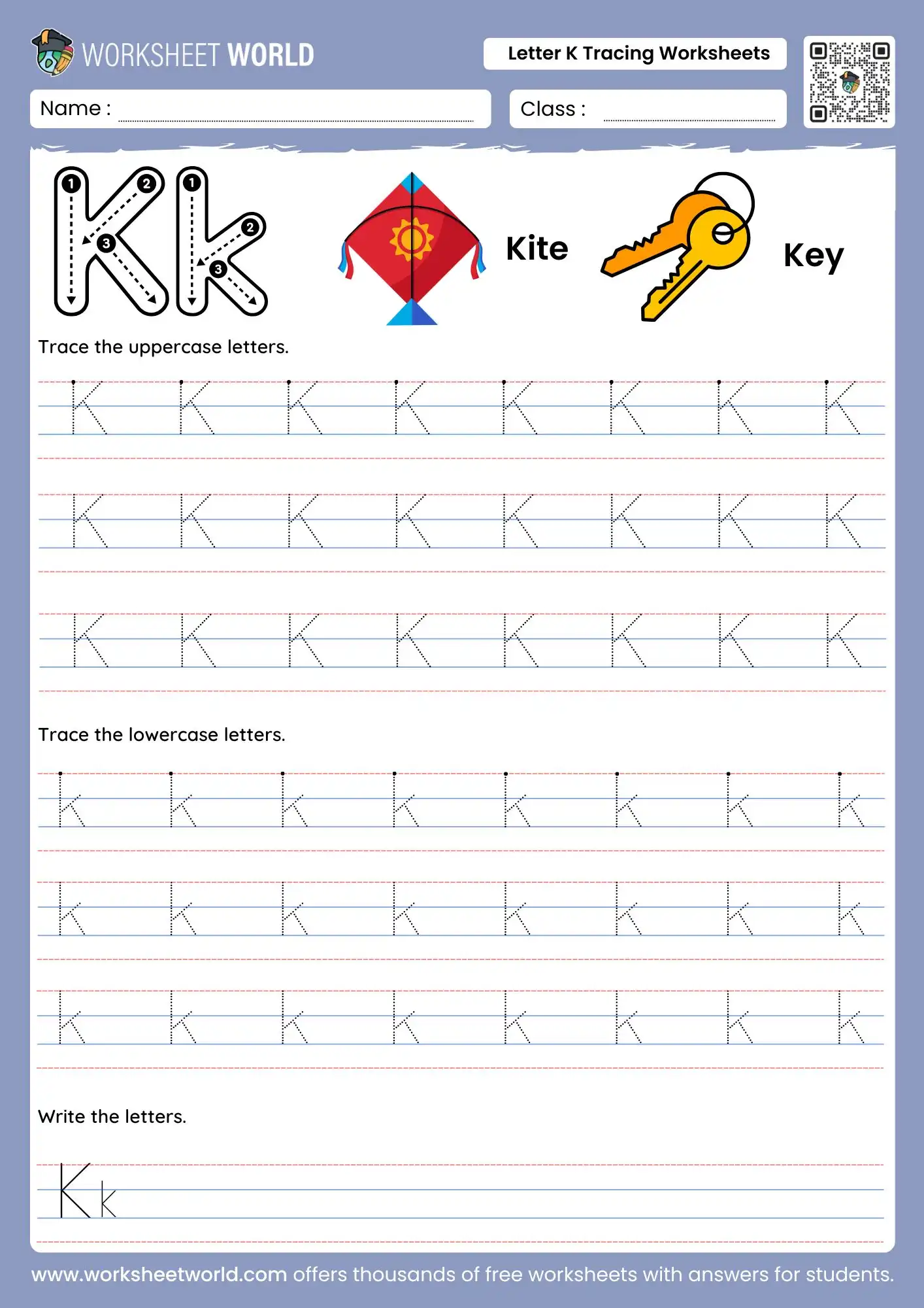 letter-k-tracing-worksheets-page-1 letter k tracing worksheets featuring a kite and key illustration with handwriting rows