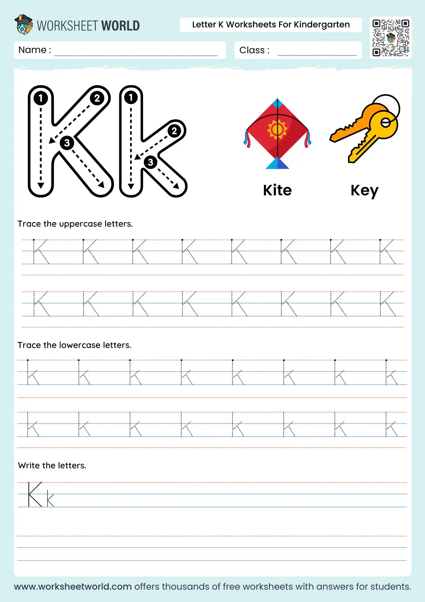letter-k-worksheets-for-kindergarten-page-1 letter k worksheets for kindergarten featuring a kite and key with multiple rows of dotted tracing lines