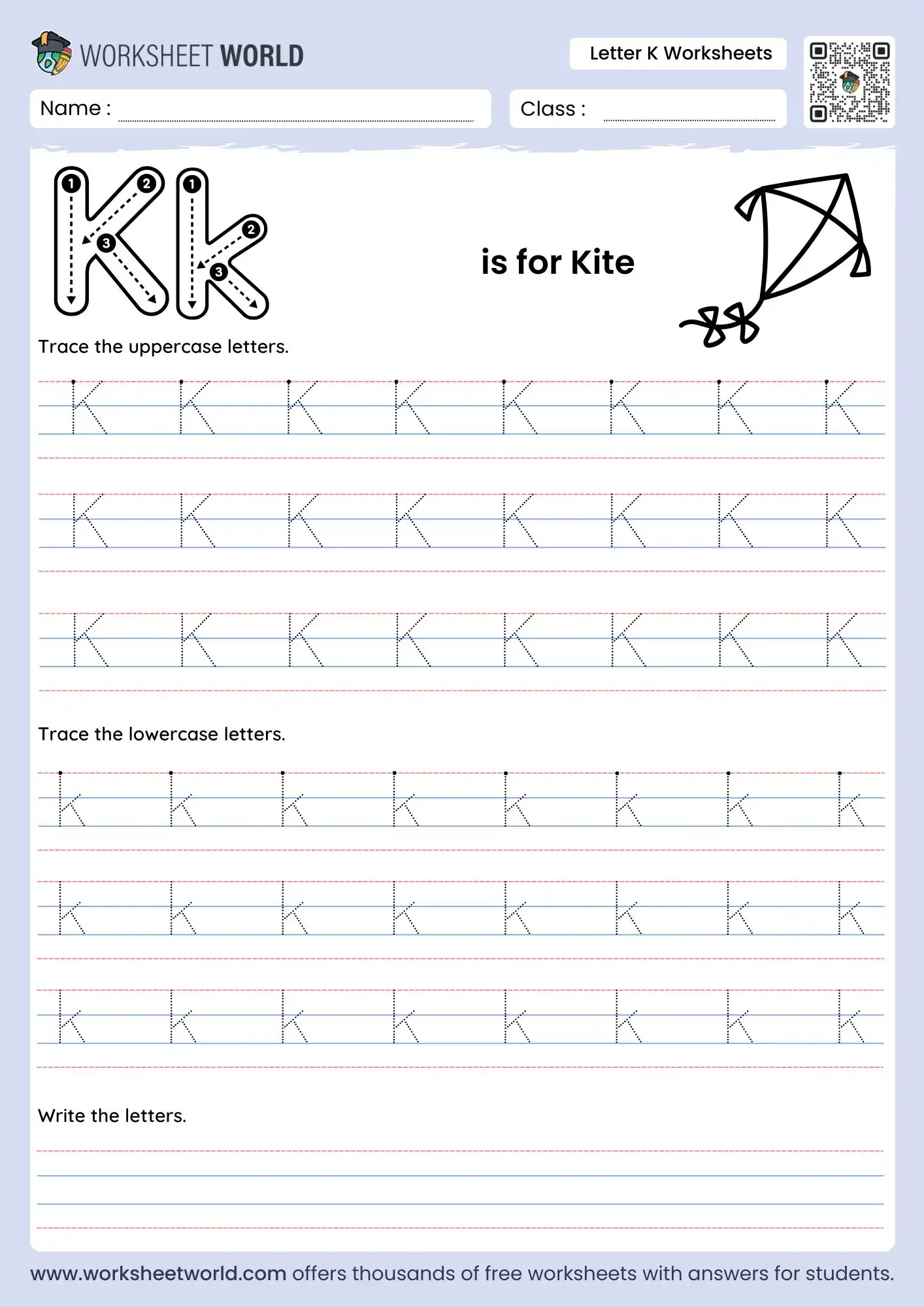 letter-k-worksheets-page-1 letter k worksheets featuring a kite illustration and multiple rows of dotted tracing lines