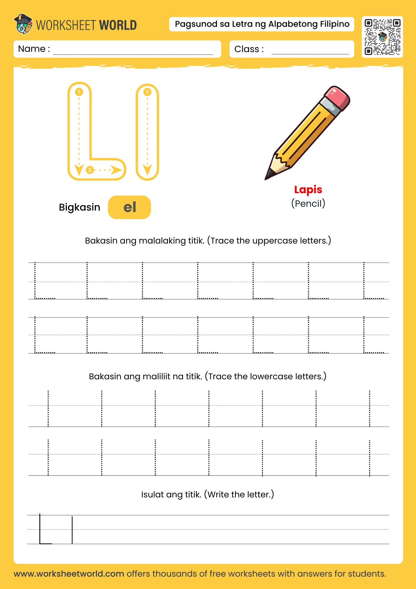 pagbakas ng titik l- letter l filipino alphabet tracing worksheet with toy picture