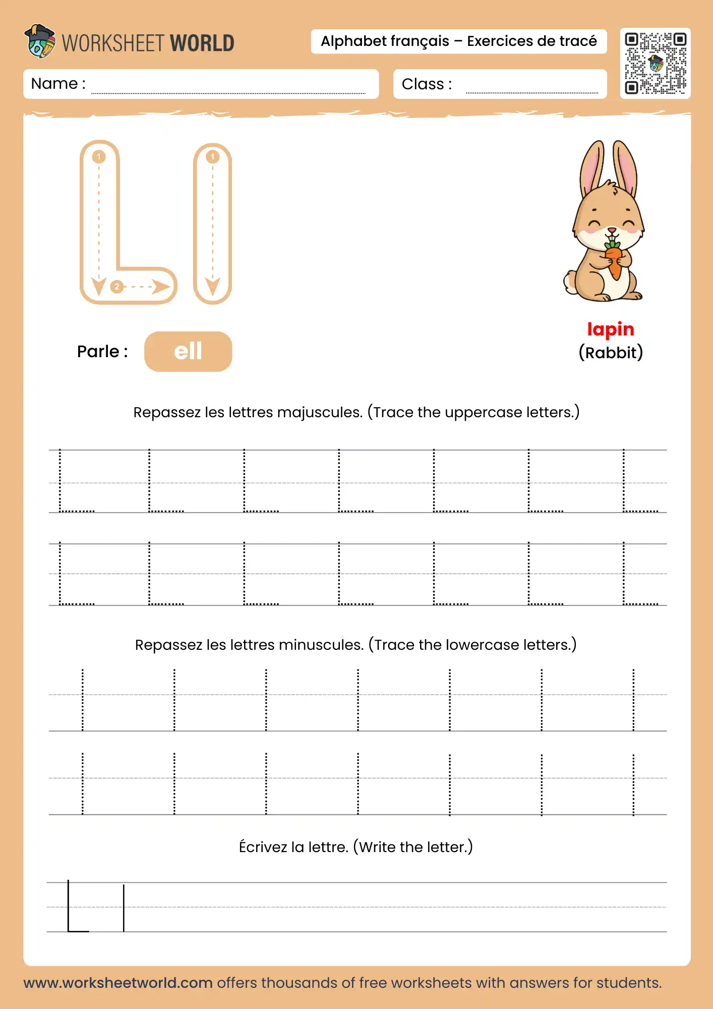 Letter L French Alphabet Tracing Worksheet with rabbit picture