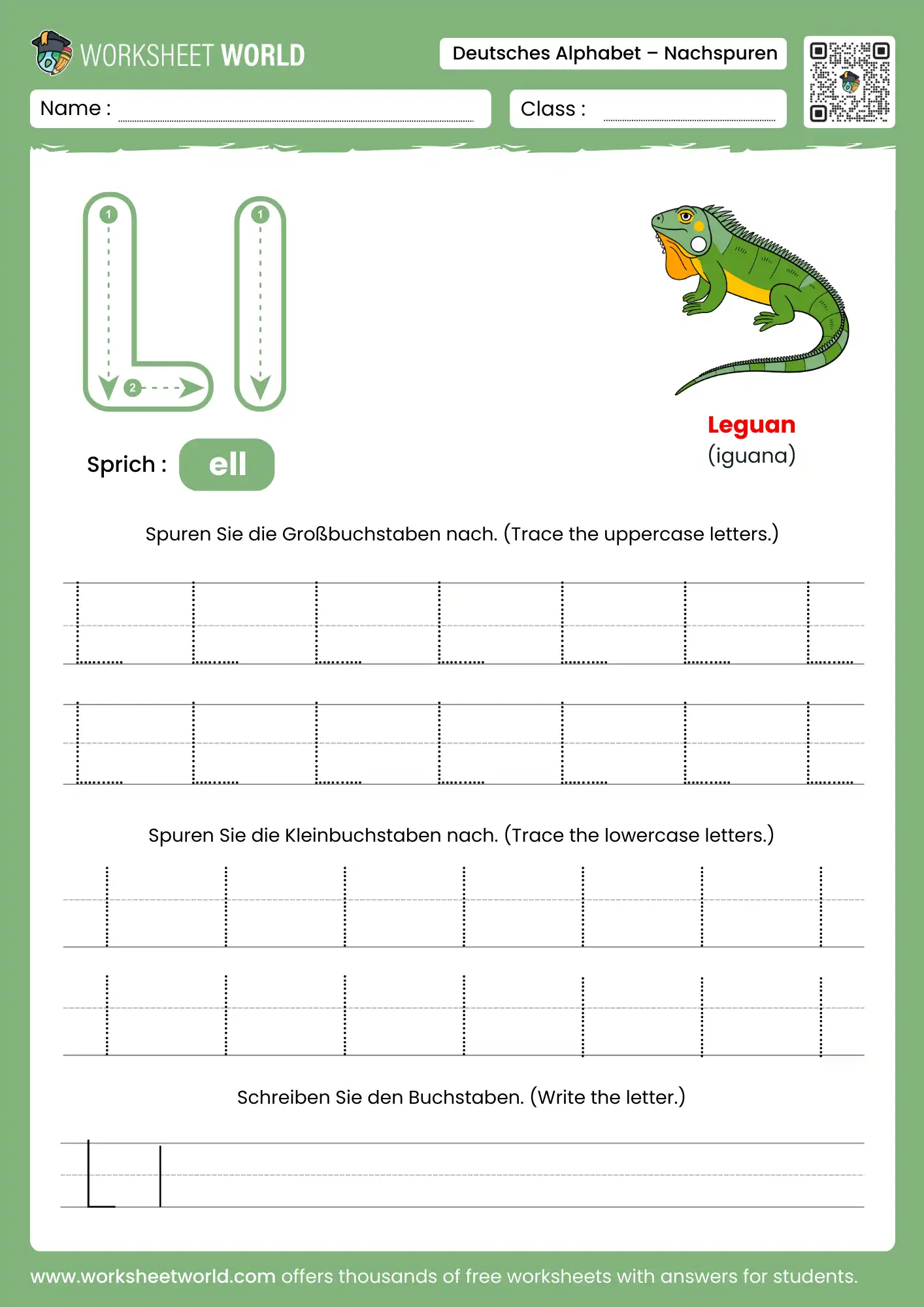 letter l german alphabet tracing worksheet with iguana picture
