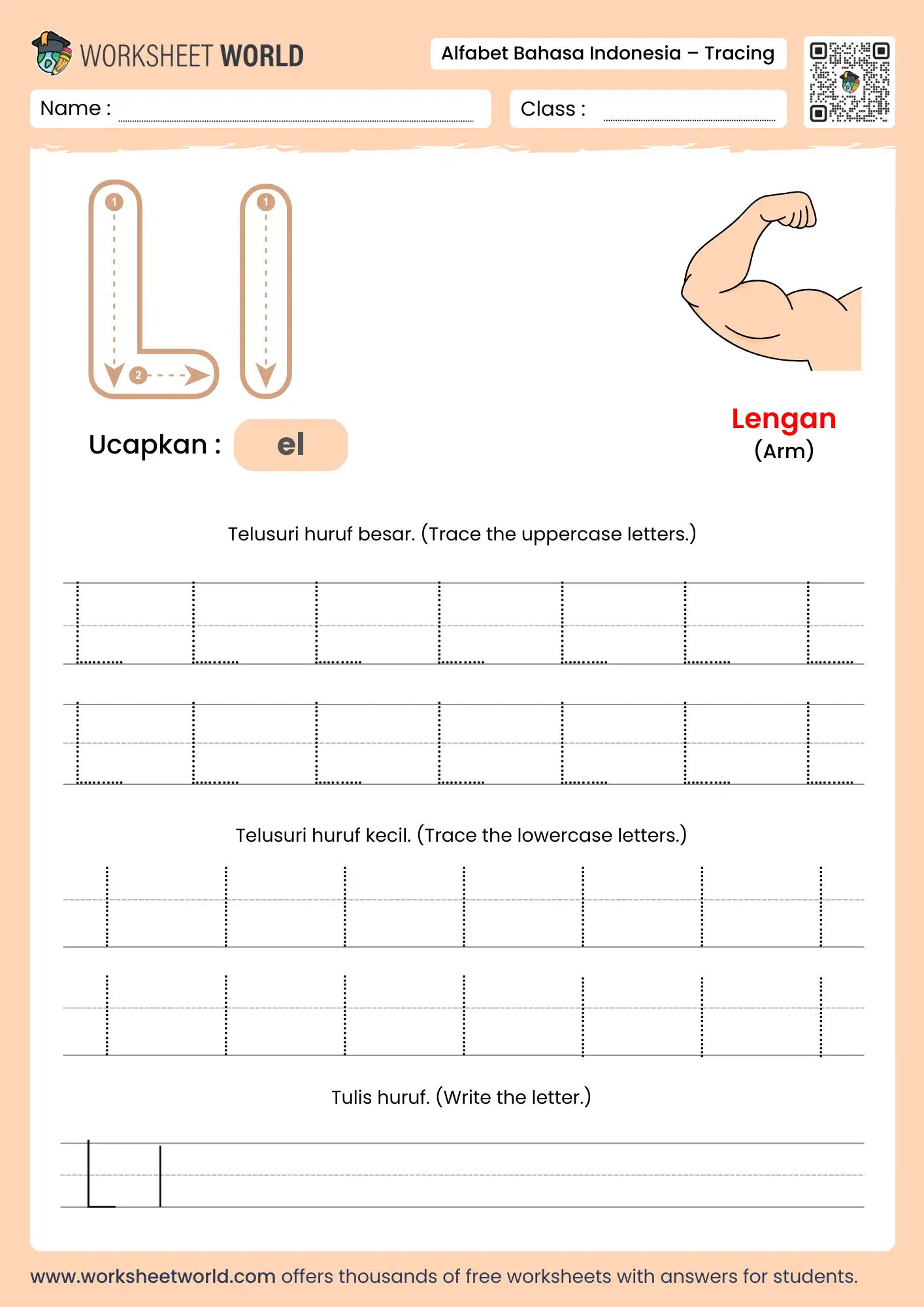 menebalkan abjad huruf l- letter l indonesian alphabet tracing worksheet with lamp picture