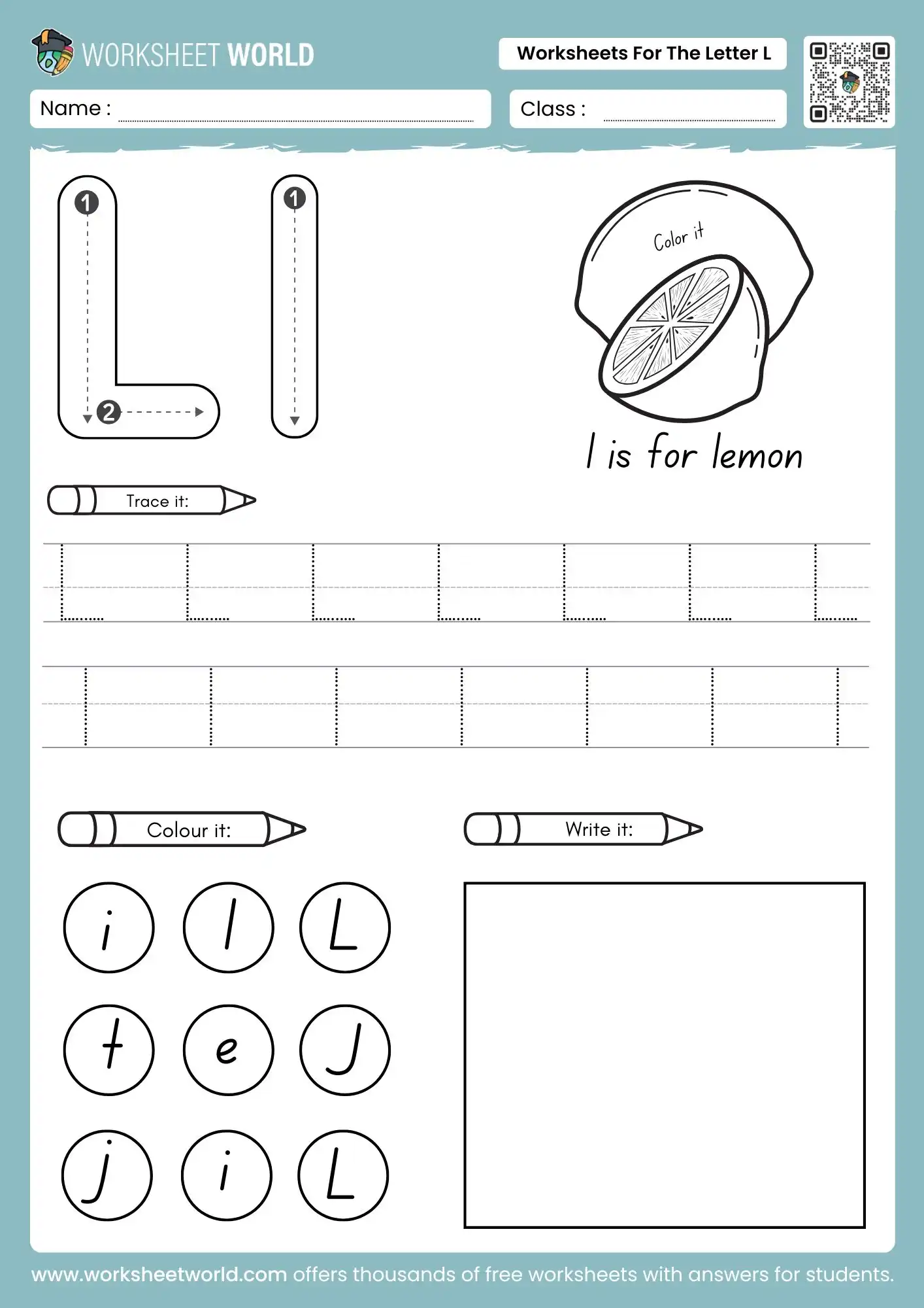 letter-l-tracing-worksheet-page-1 letter l tracing worksheets featuring a lemon illustration and multiple rows of dotted characters for kids
