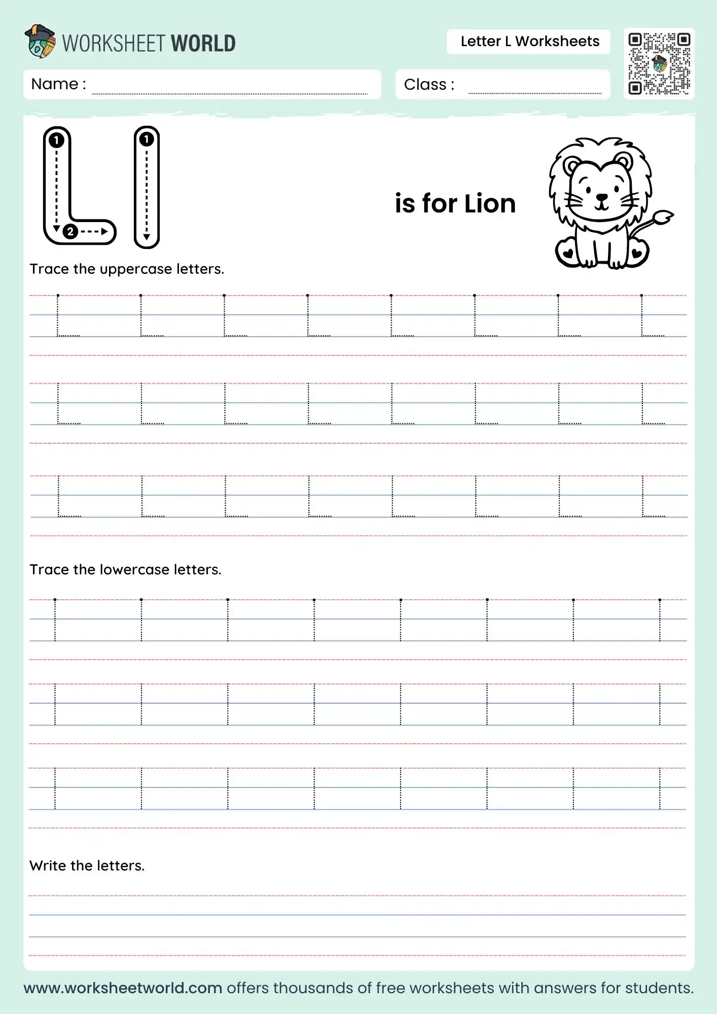 letter-l-worksheets-page-1 letter l worksheets featuring a lion illustration and multiple rows of dotted tracing lines