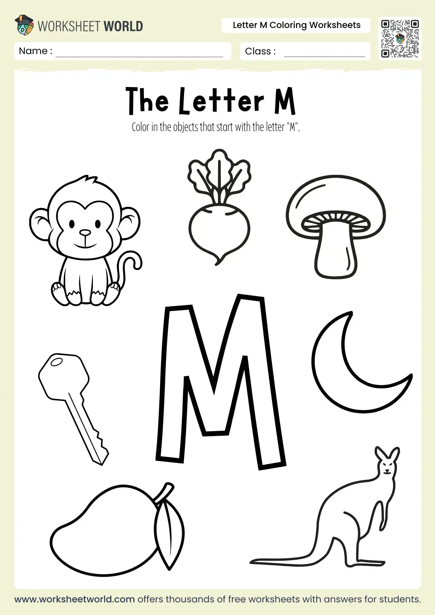 letter-m-coloring-worksheets-page-1 letter m coloring worksheets featuring a monkey mushroom moon and mango