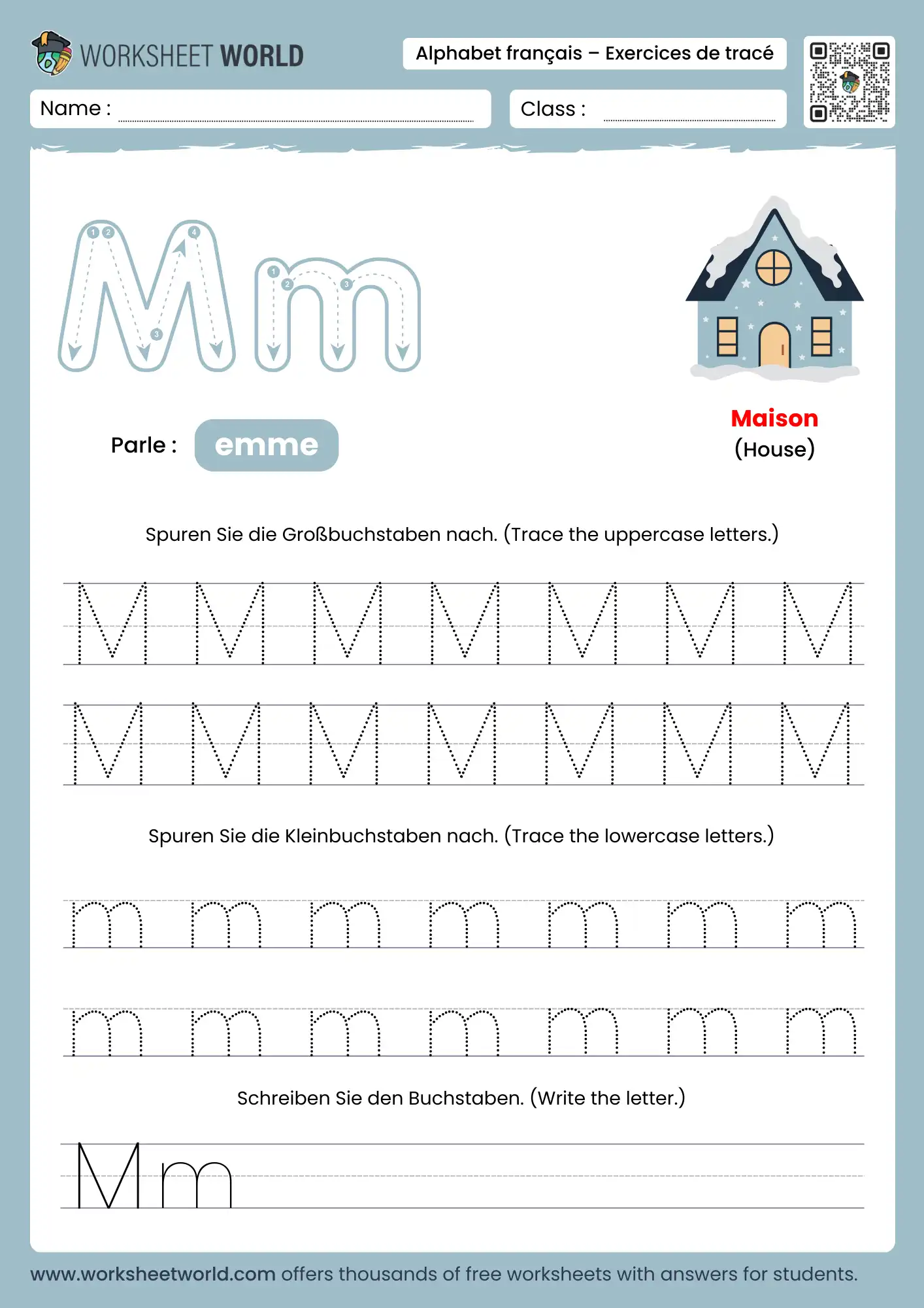 Letter M French Alphabet Tracing Worksheet with house picture