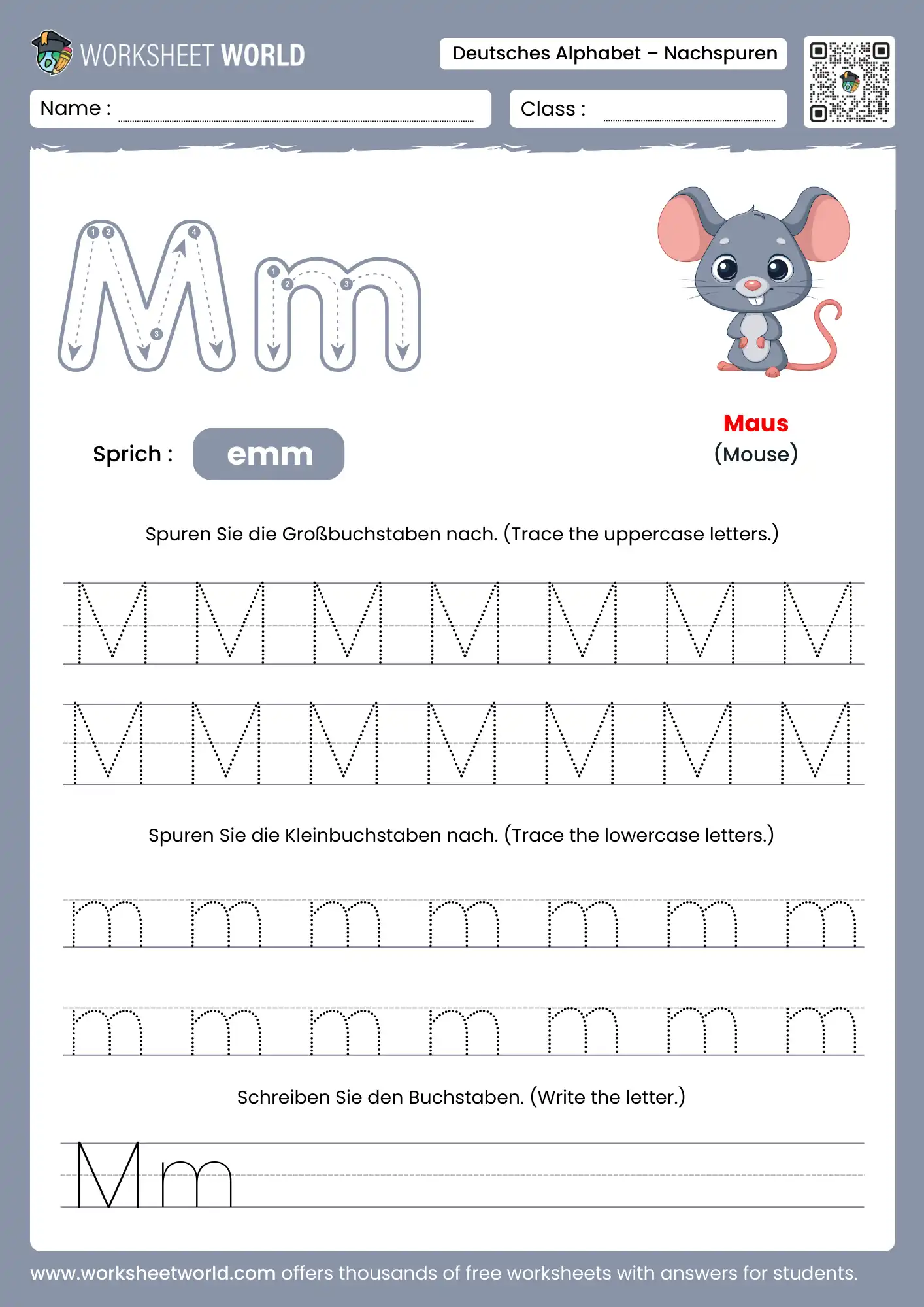 letter m german alphabet tracing worksheet with mouse picture
