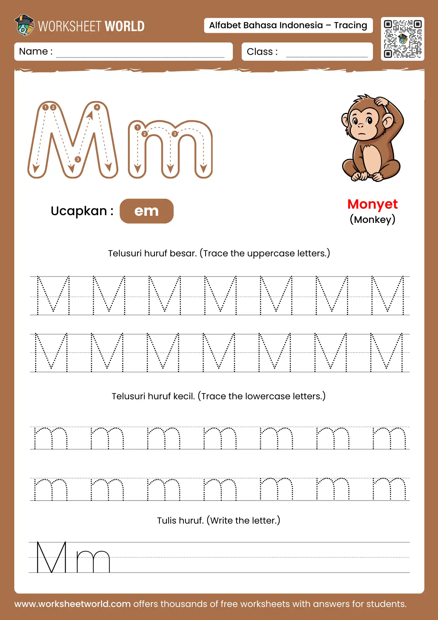 menebalkan abjad huruf m- letter m indonesian alphabet tracing worksheet with car picture