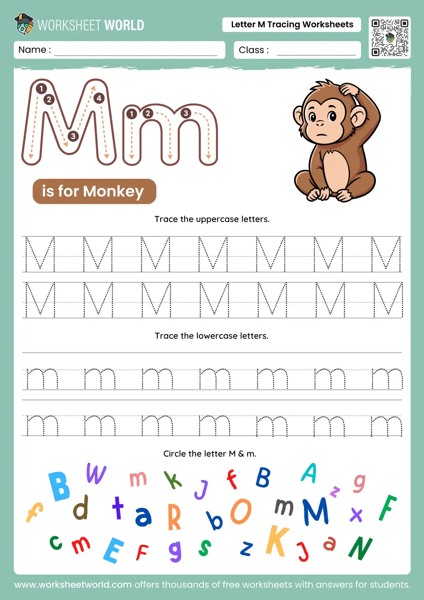 letter-m-tracing-worksheets-page-1 letter m tracing worksheets featuring a monkey illustration and a colorful letter search game