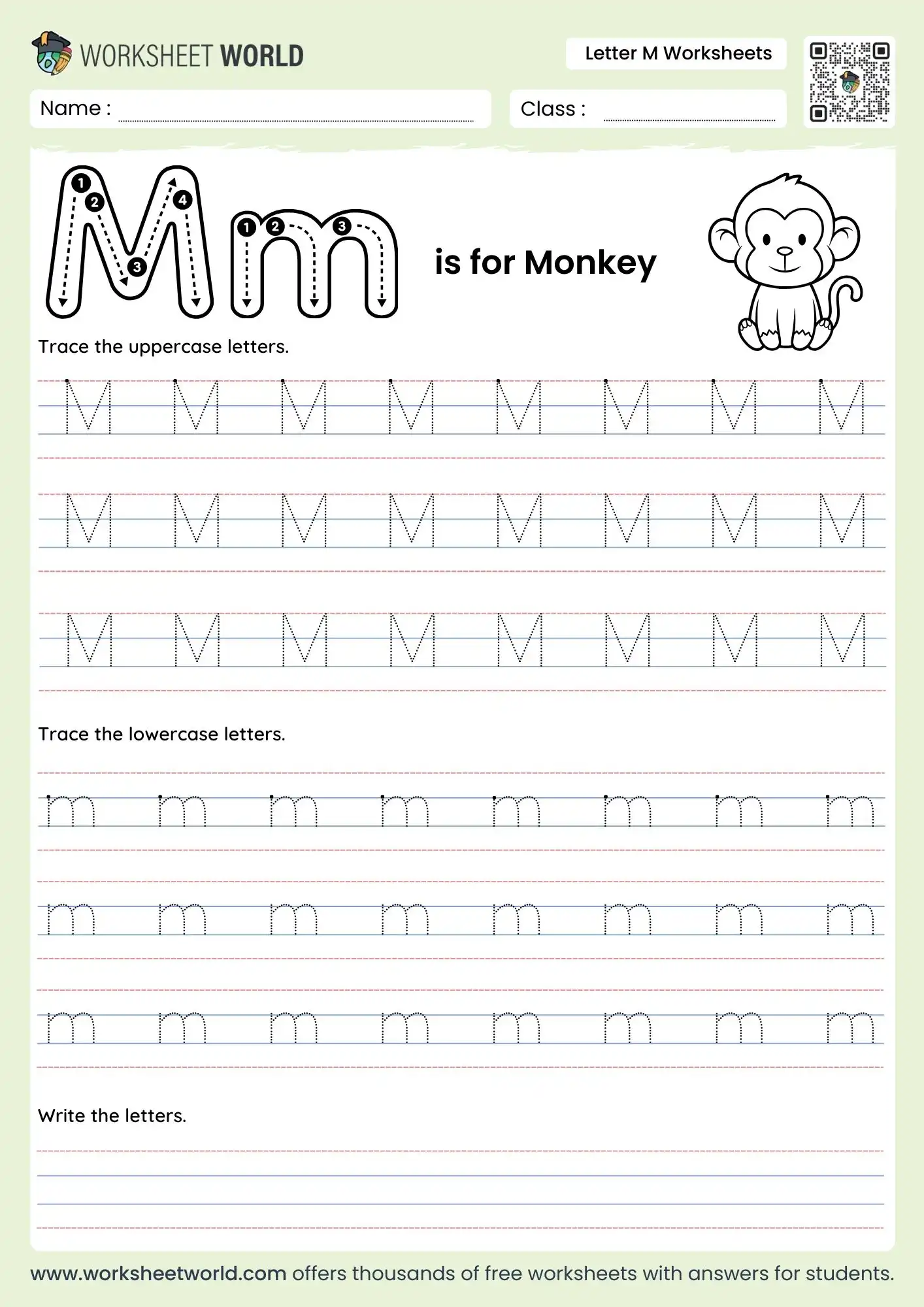 letter m worksheets featuring a monkey illustration and multiple rows of dotted tracing lines