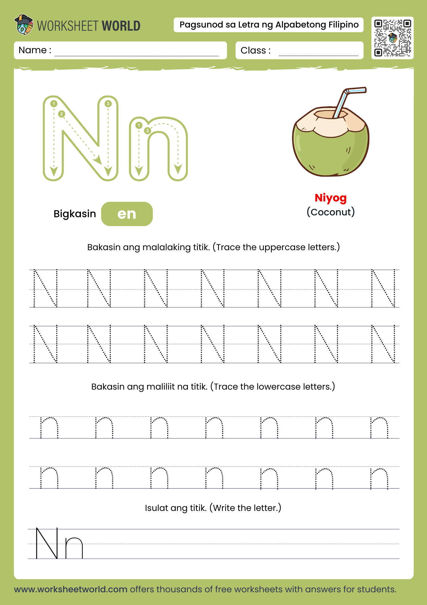 pagbakas ng titik n- letter n filipino alphabet tracing worksheet with coconut picture