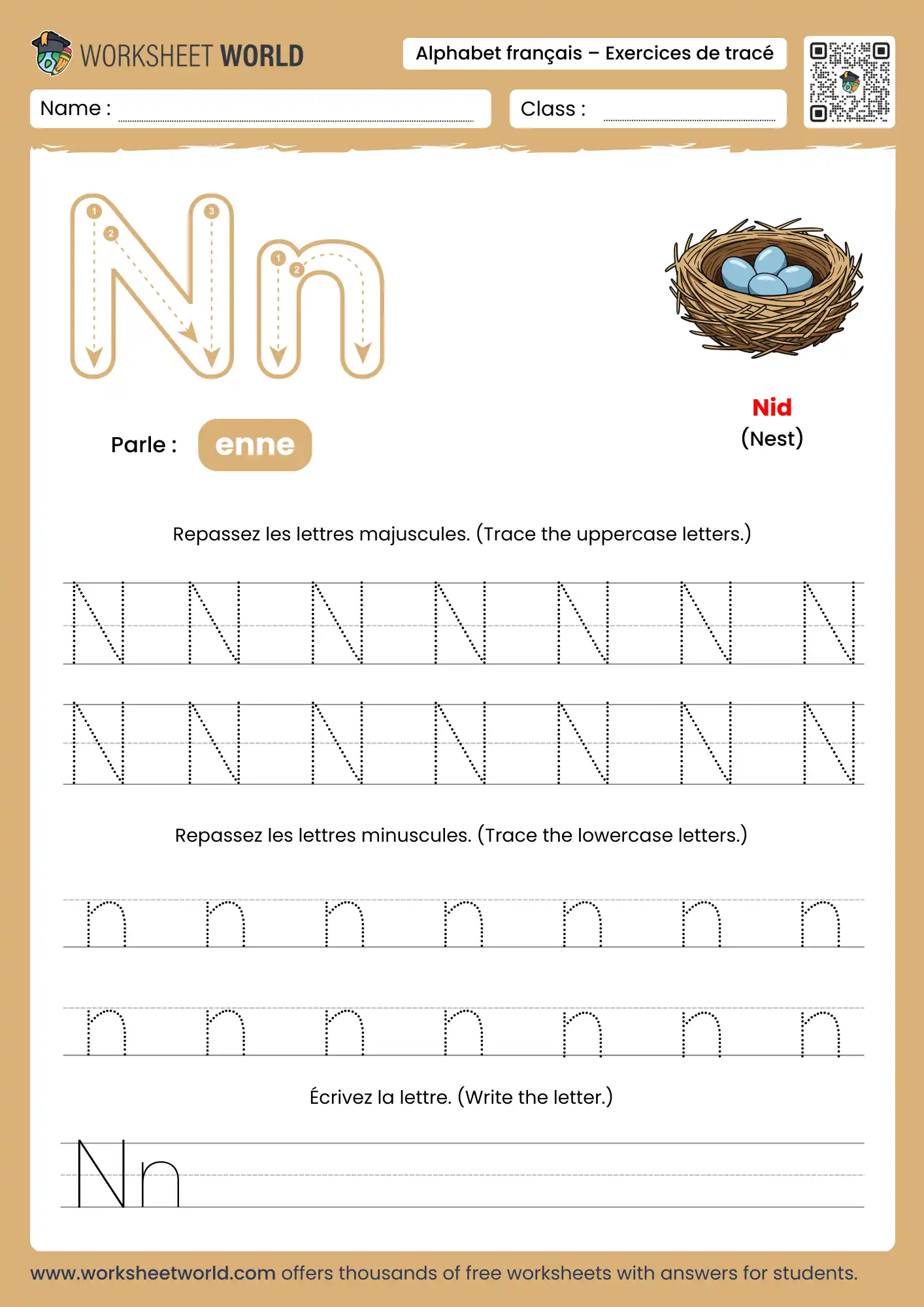 Letter N French Alphabet Tracing Worksheet with nest picture