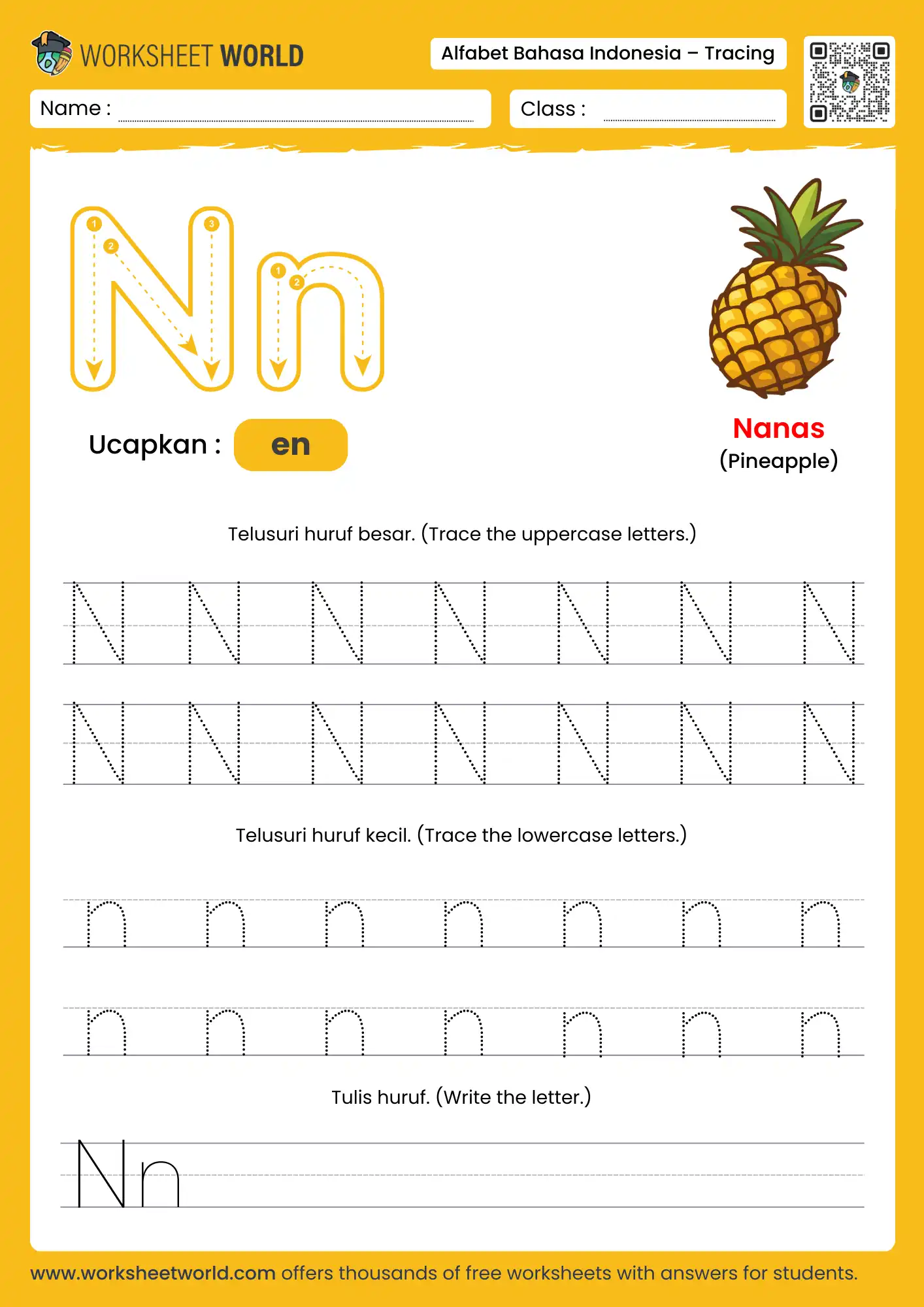 menebalkan abjad huruf n- letter n indonesian alphabet tracing worksheet with pineapple picture