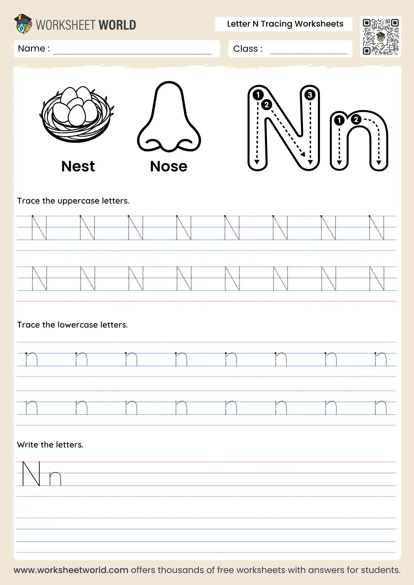 letter-n-tracing-worksheets-page-1 letter n tracing worksheets featuring a nest and nose illustration for kids