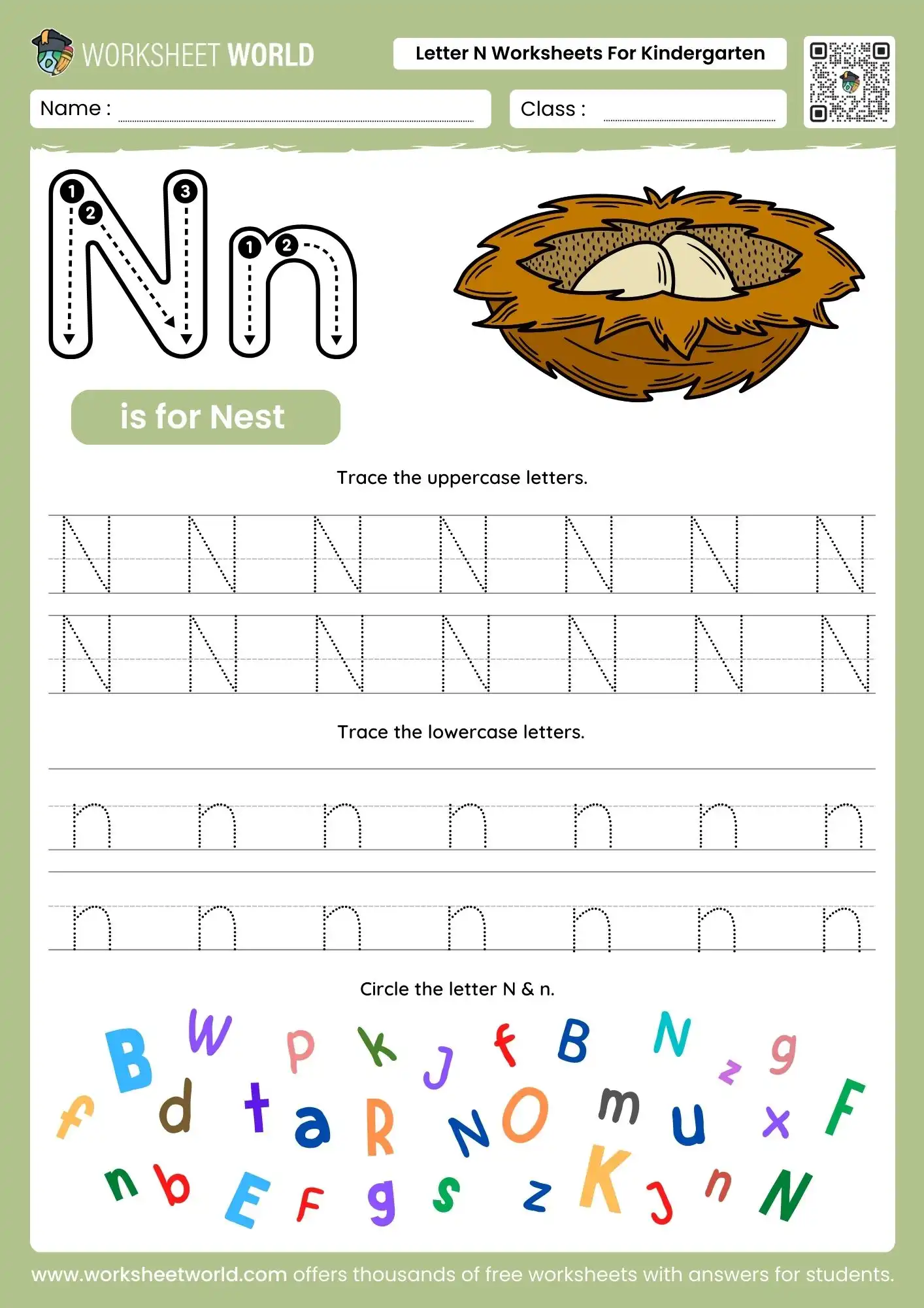 letter n worksheets for kindergarten featuring a bird nest and multiple rows of dotted tracing lines