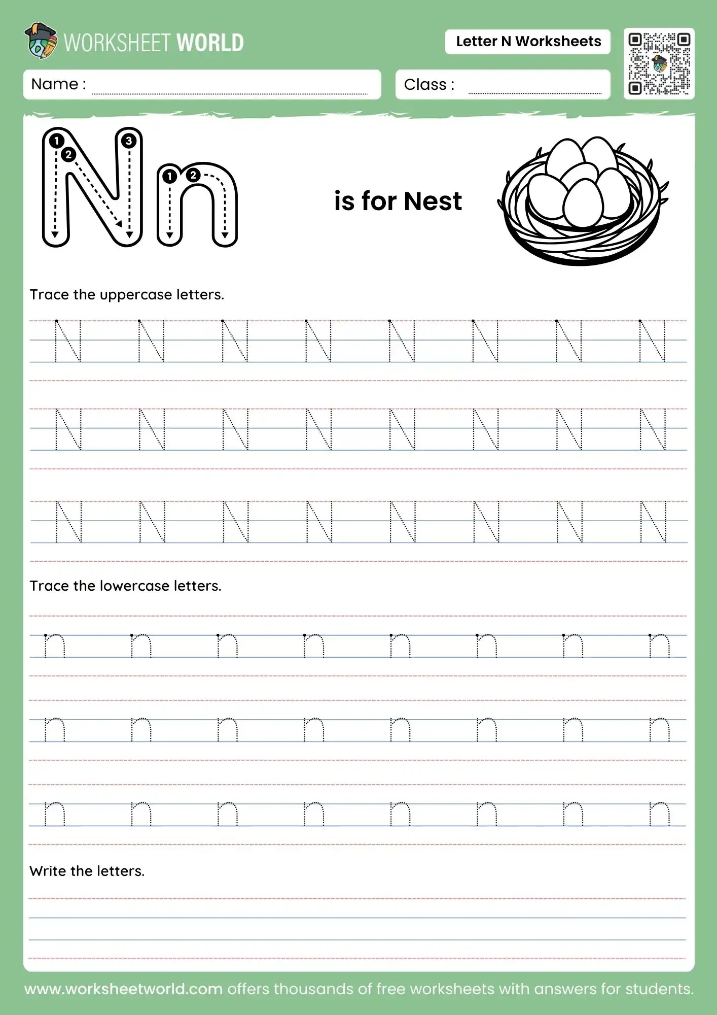 letter-n-worksheets-page-1 letter n worksheets featuring a nest illustration and multiple rows of dotted tracing lines
