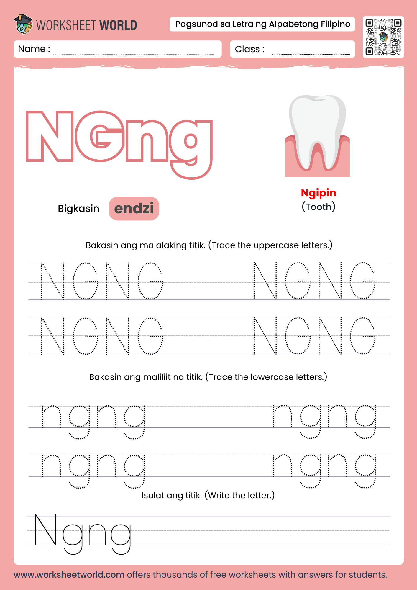 pagbakas ng titik ng- letter ng filipino alphabet tracing worksheet with teeth picture