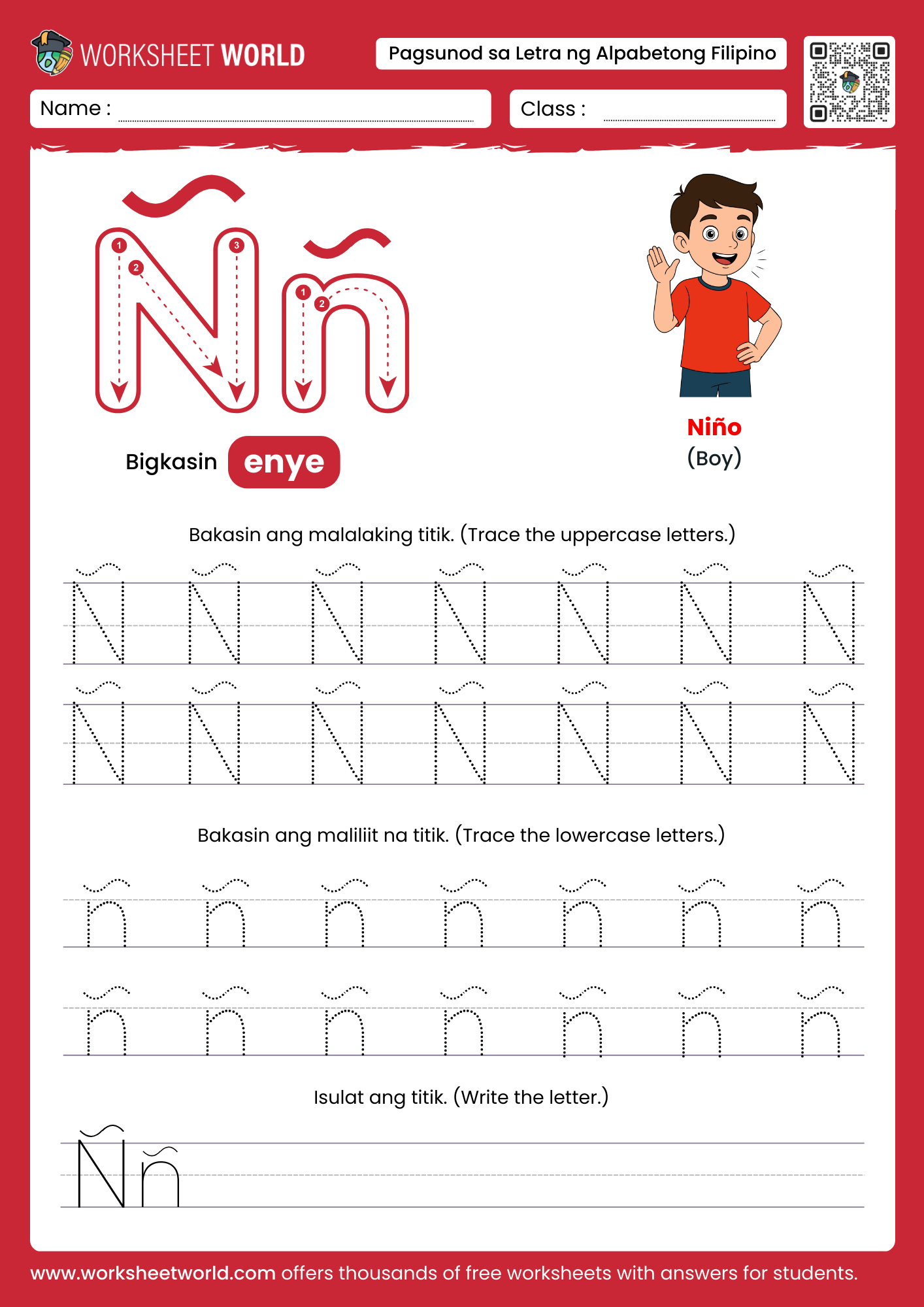 pagbakas ng titik ñ- letter ñ filipino alphabet tracing worksheet with baby picture