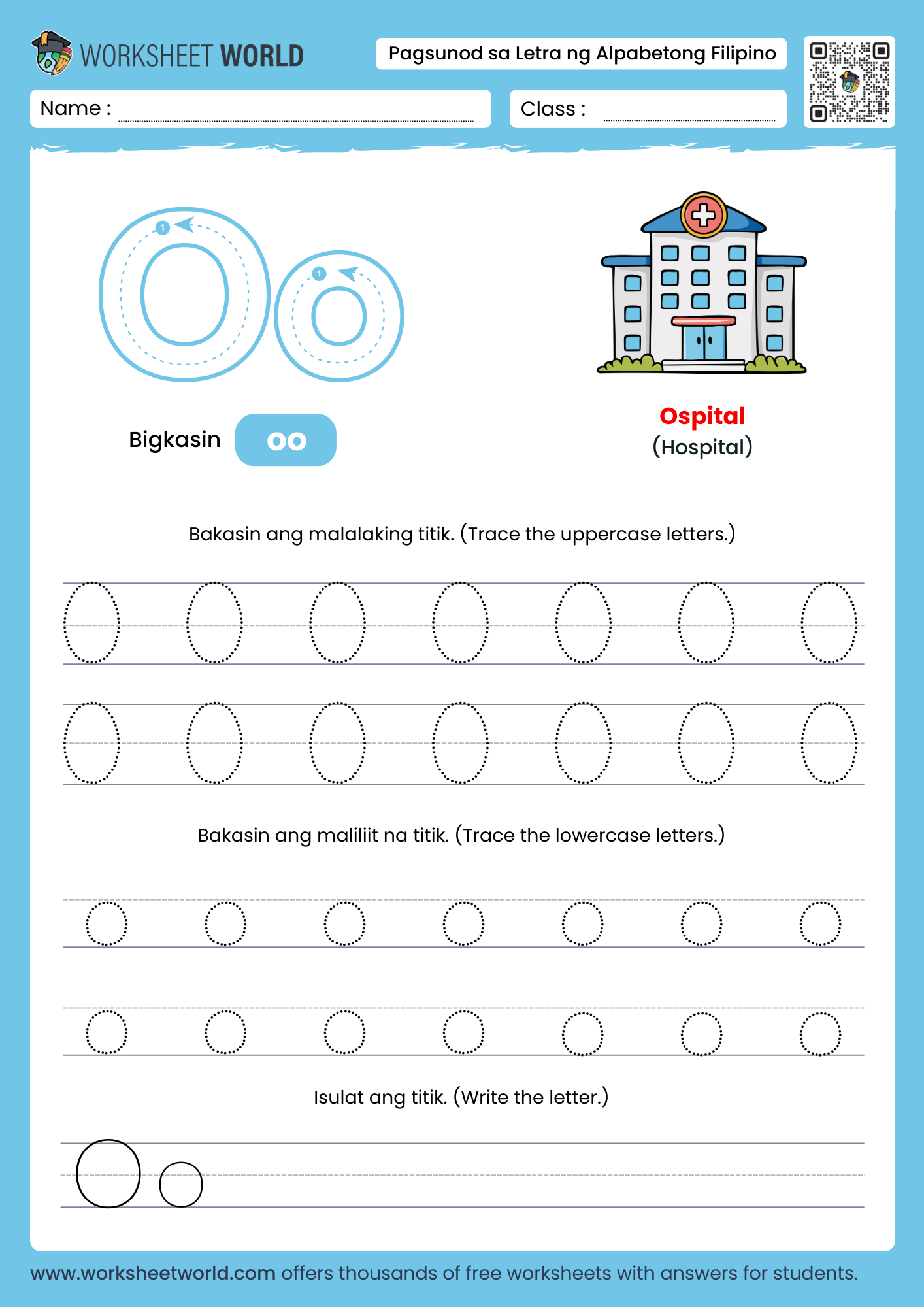 pagbakas ng titik o- letter o filipino alphabet tracing worksheet with clock picture