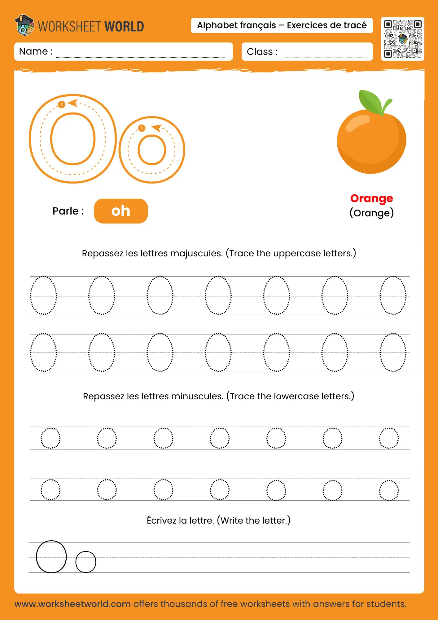 Letter O French Alphabet Tracing Worksheet with orange picture