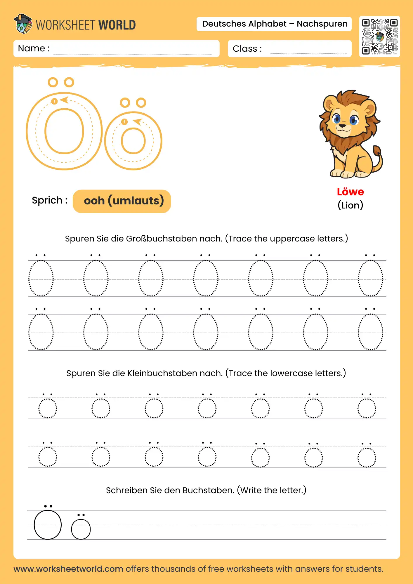 letter ö german alphabet tracing worksheet with lion picture